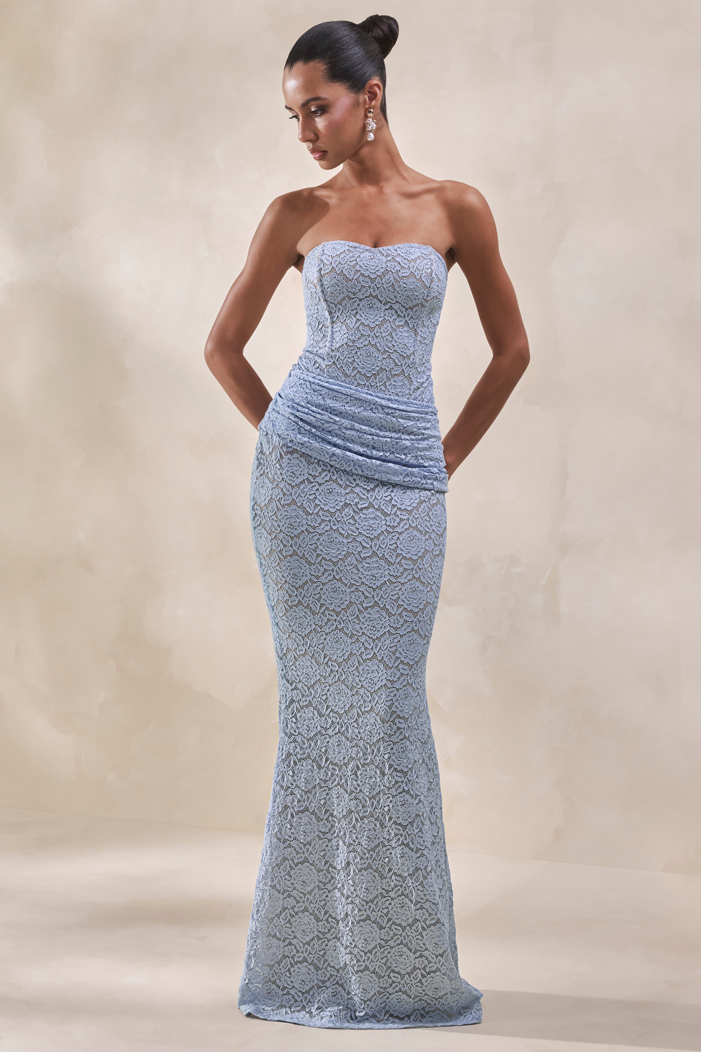 Viara | Powder Blue Lace Maxi Skirt With Draped-Detailing