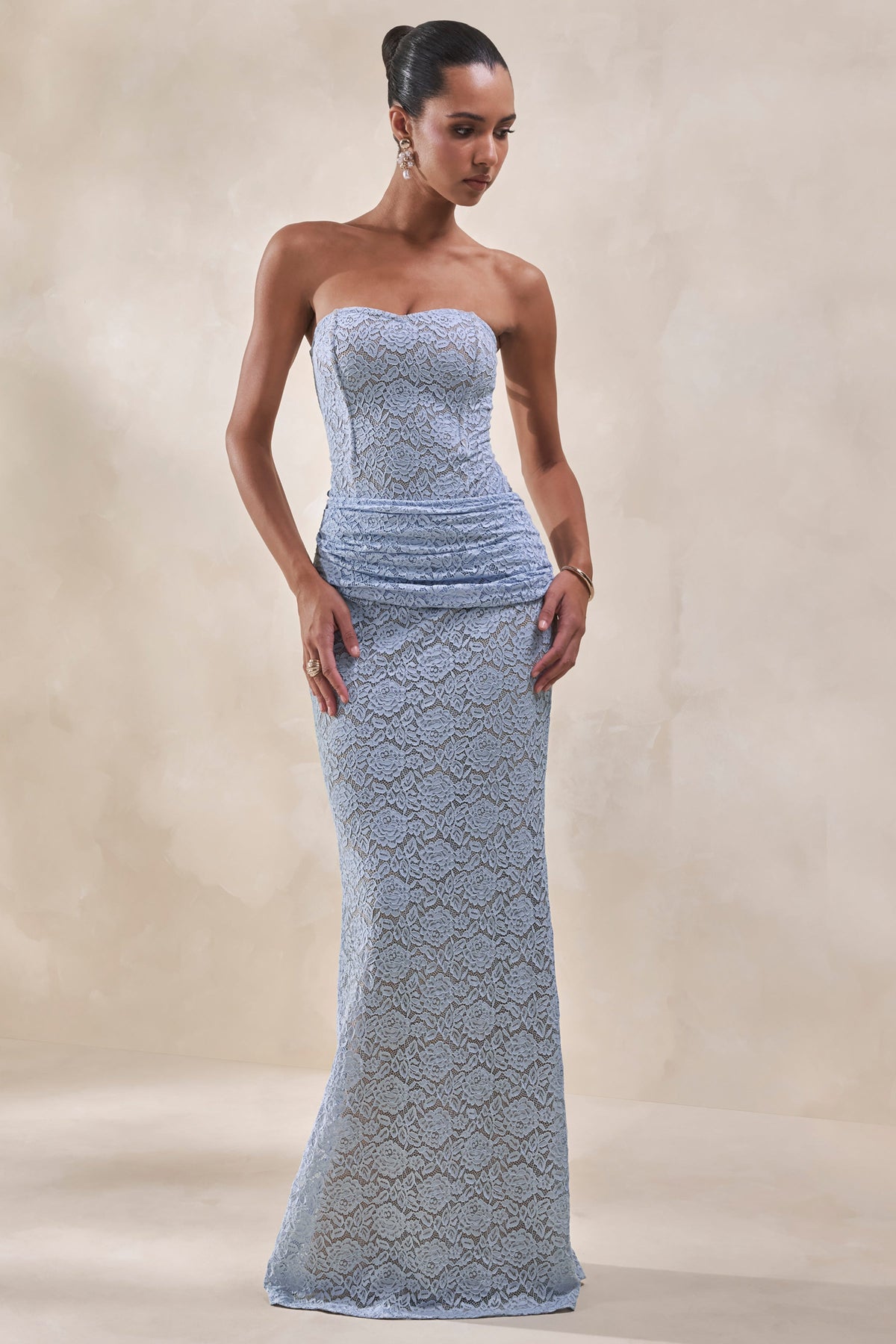 Viara | Powder Blue Lace Maxi Skirt With Draped-Detailing