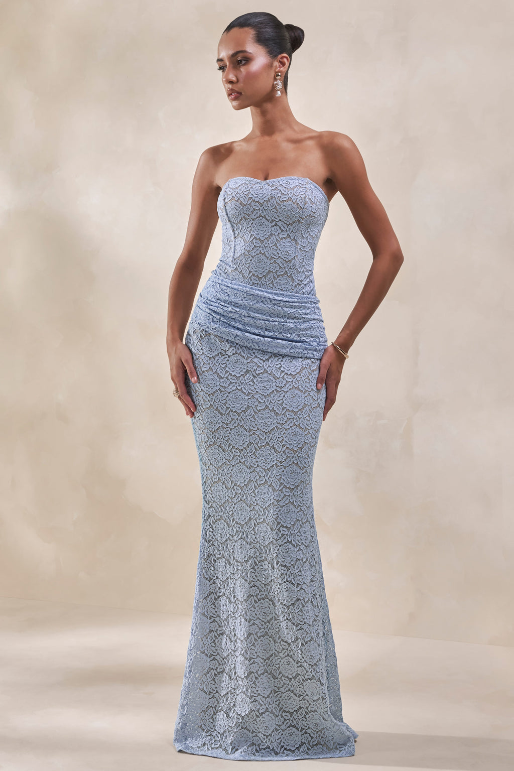 Viara | Powder Blue Lace Maxi Skirt With Draped-Detailing