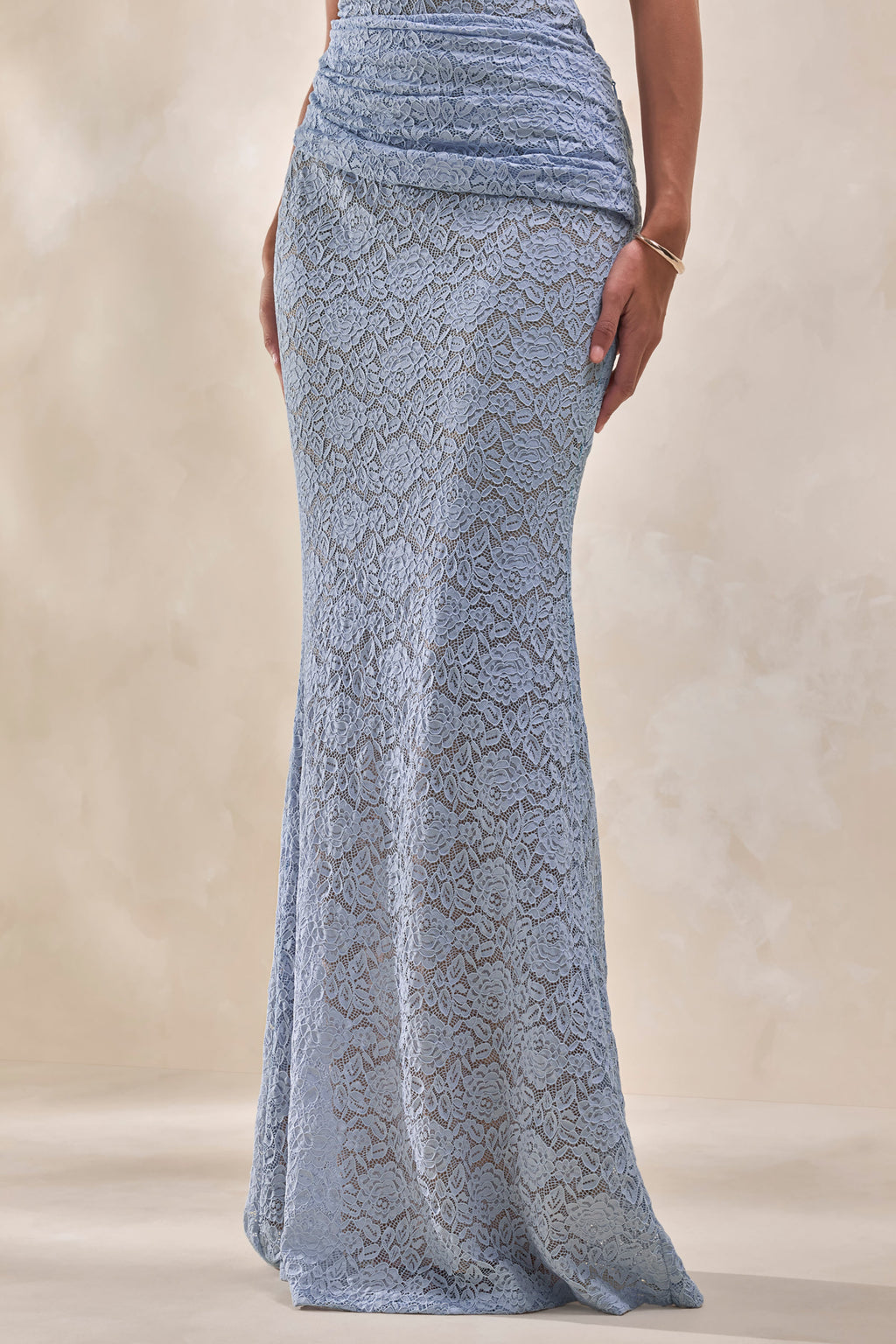Viara | Powder Blue Lace Maxi Skirt With Draped-Detailing