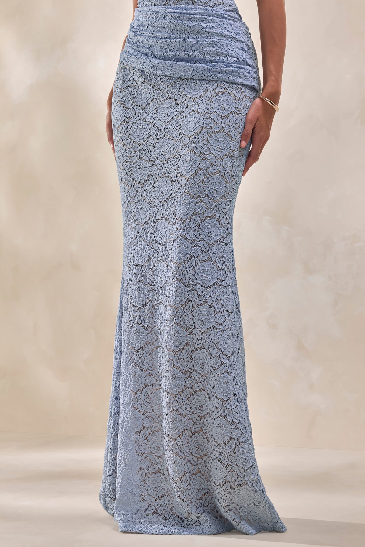 Viara | Powder Blue Lace Maxi Skirt With Draped-Detailing