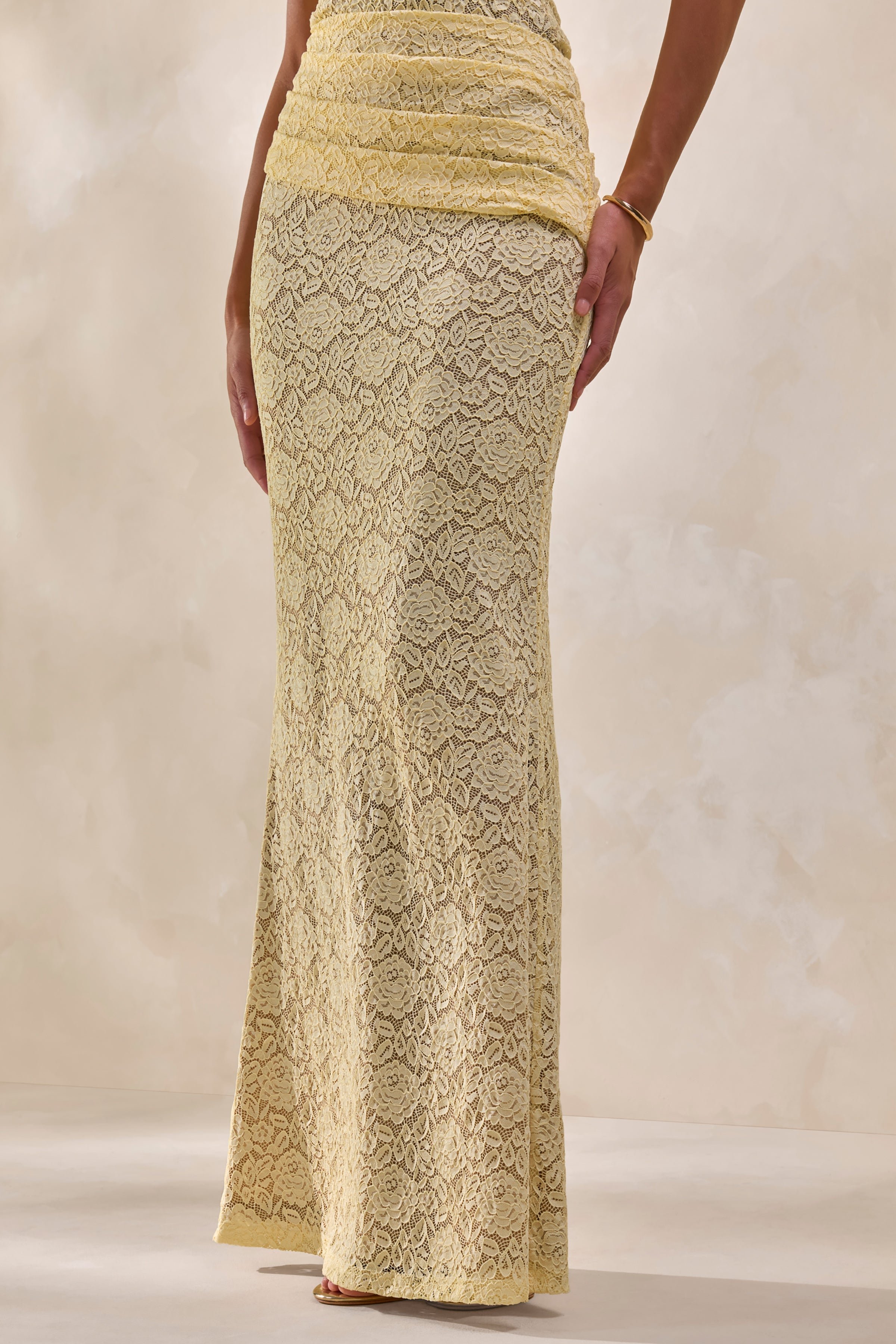 Viara | Lemon Lace Maxi Skirt With Draped-Detailing