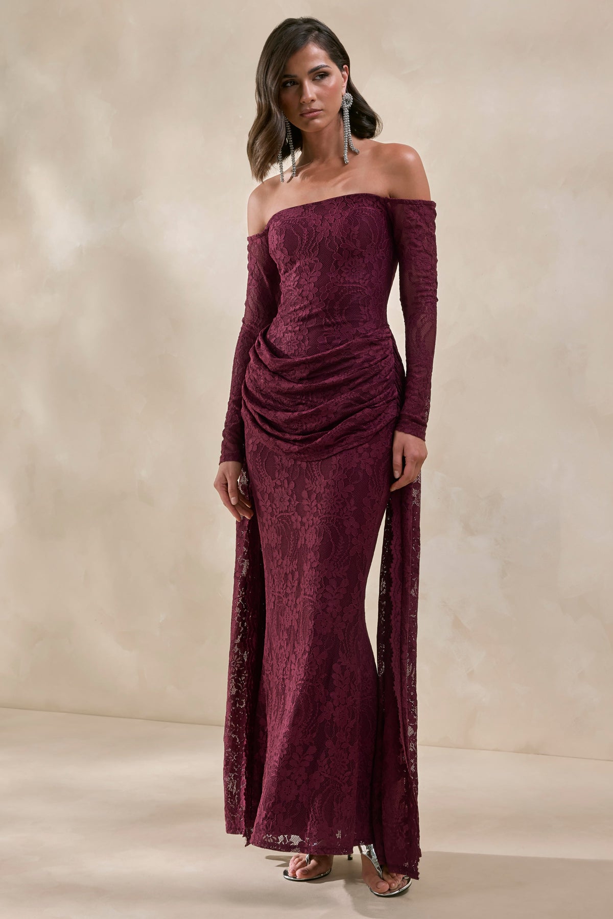 Parisse | Burgundy Lace Bardot-Neck Maxi Dress With Draped-Detailing