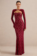 Mirellia | Dark Red Lace Sweetheart-Neck Maxi Dress