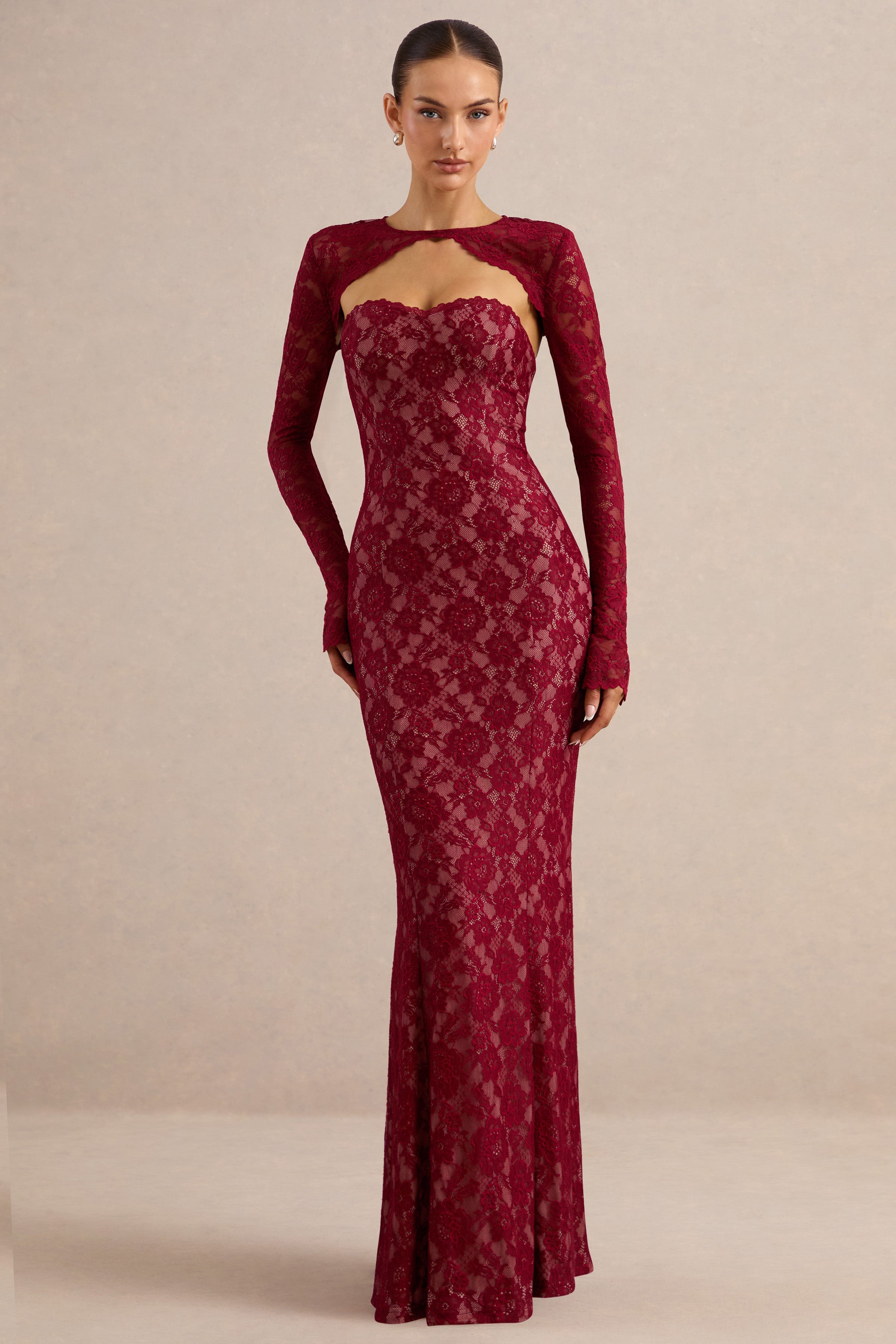 Mirellia | Dark Red Lace Sweetheart-Neck Maxi Dress