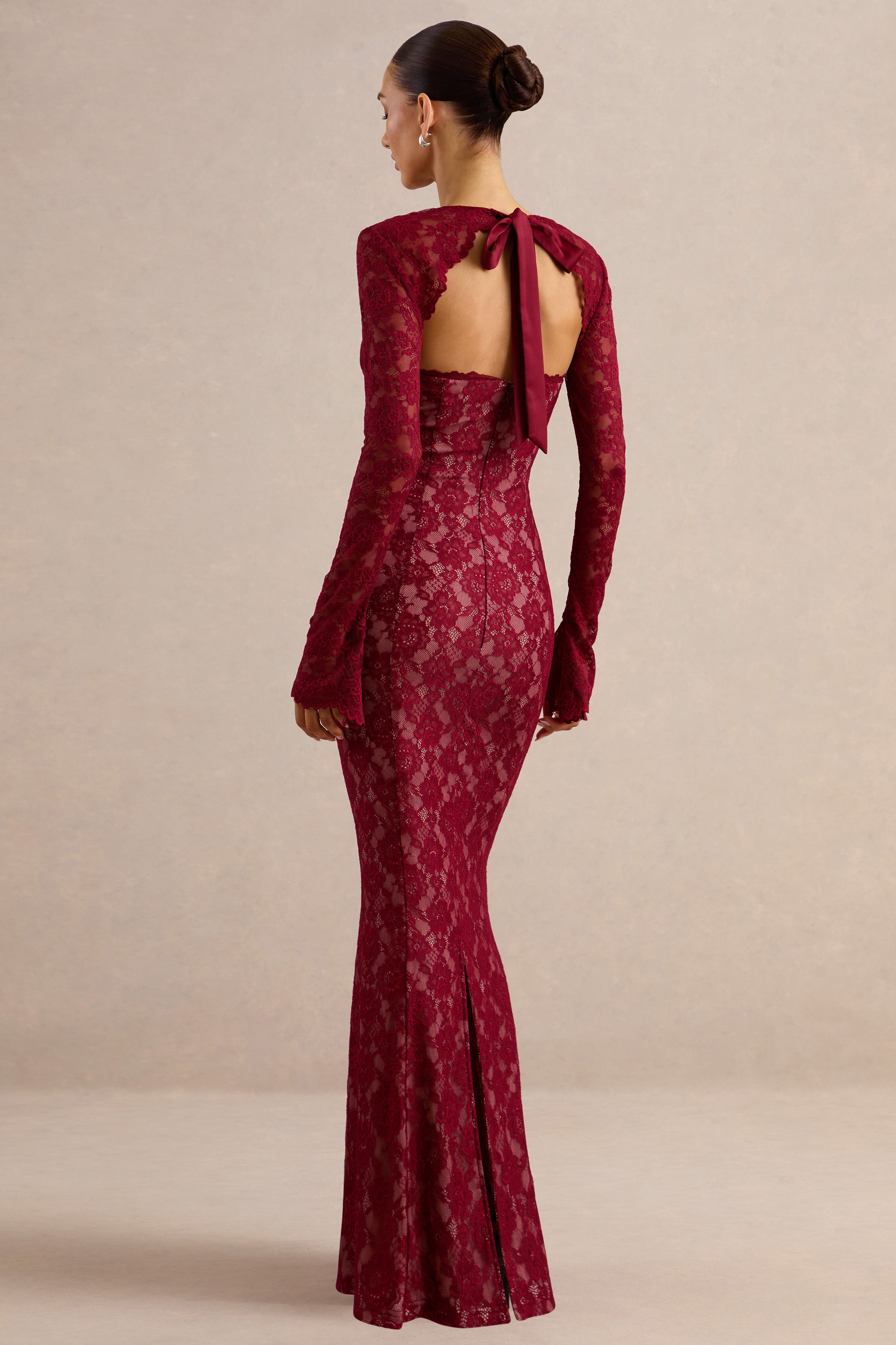 Mirellia | Dark Red Lace Sweetheart-Neck Maxi Dress