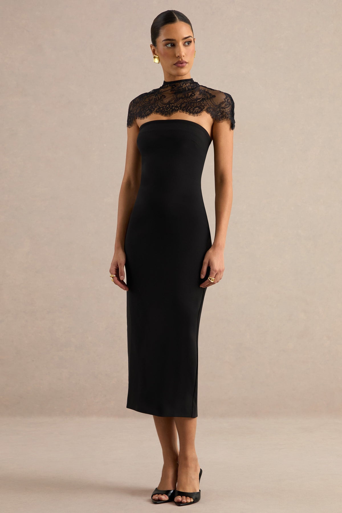Navoria | Black Lace High-Neck Midi Dress