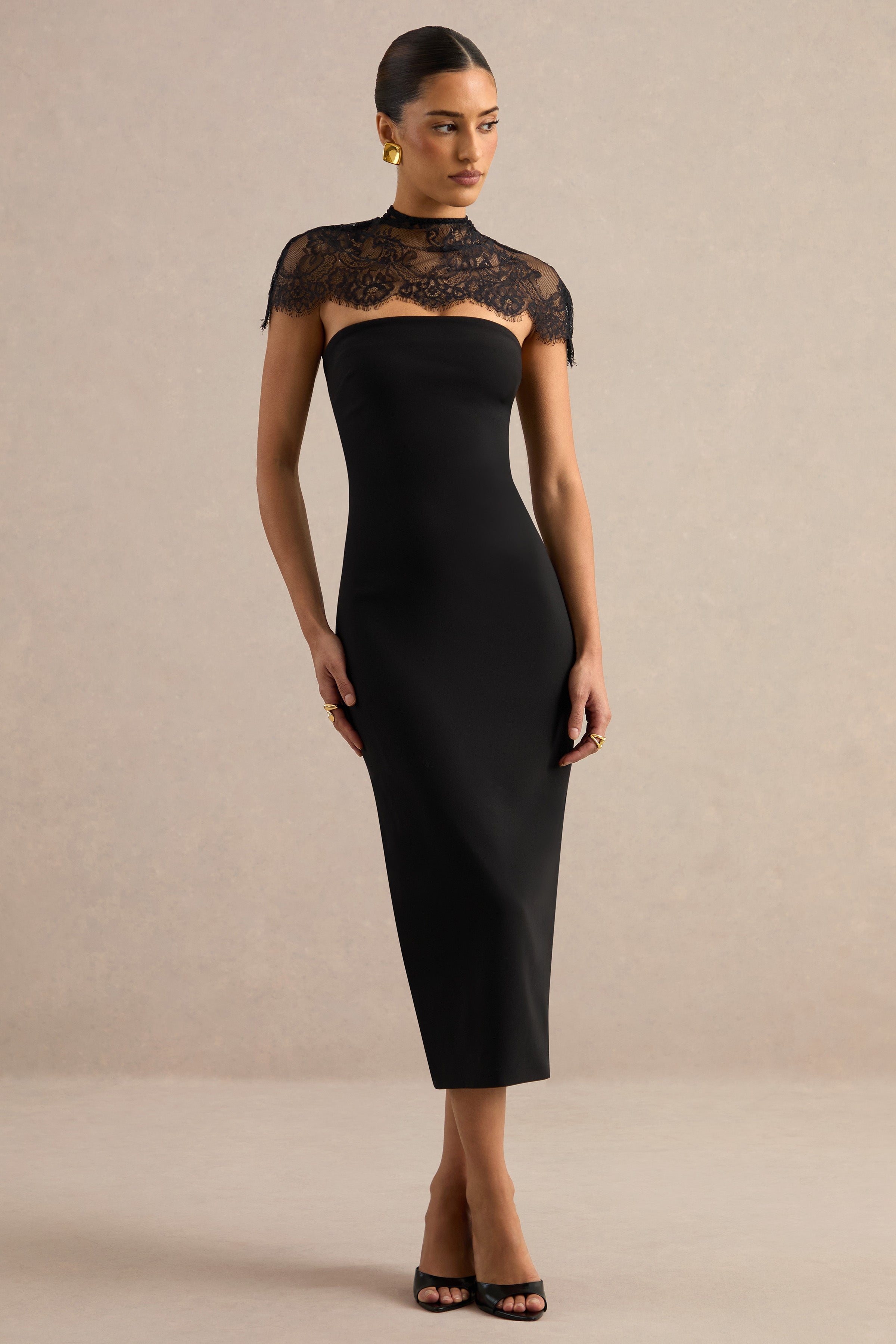 Navoria | Black Lace High-Neck Midi Dress