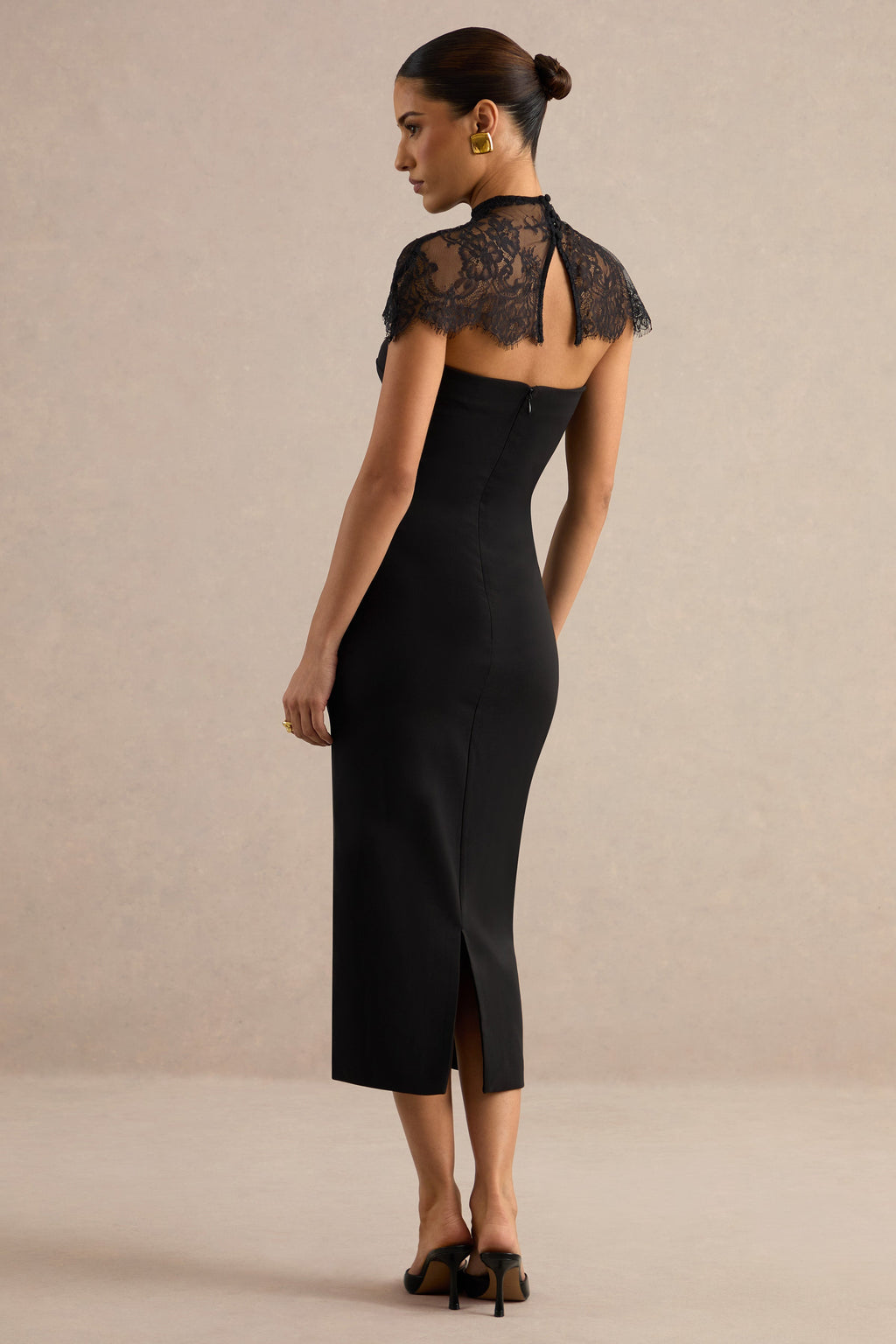 Navoria | Black Lace High-Neck Midi Dress