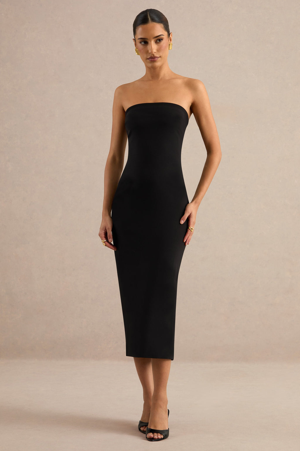 Navoria | Black Lace High-Neck Midi Dress