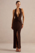 Ocealla | Brown Lace Plunge-Neck Maxi Dress With Gathered-Detailing