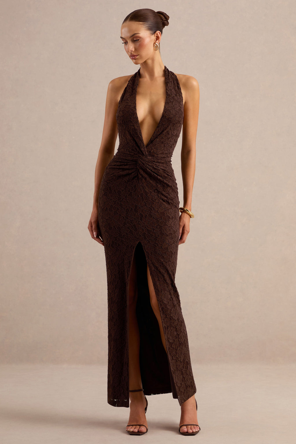 Ocealla | Brown Lace Plunge-Neck Maxi Dress With Gathered-Detailing