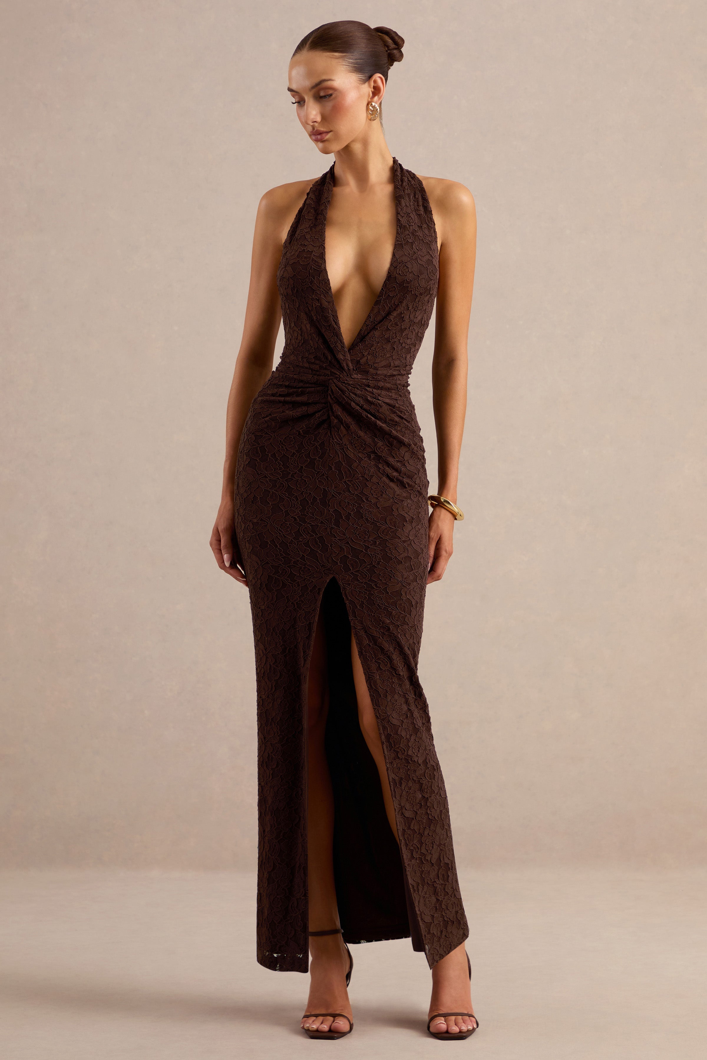 Ocealla | Brown Lace Plunge-Neck Maxi Dress With Gathered-Detailing