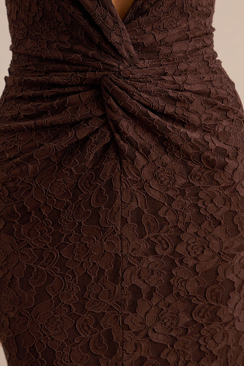 Ocealla | Brown Lace Plunge-Neck Maxi Dress With Gathered-Detailing