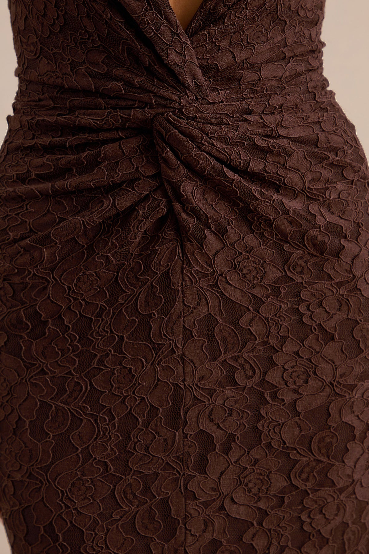 Ocealla | Brown Lace Plunge-Neck Maxi Dress With Gathered-Detailing