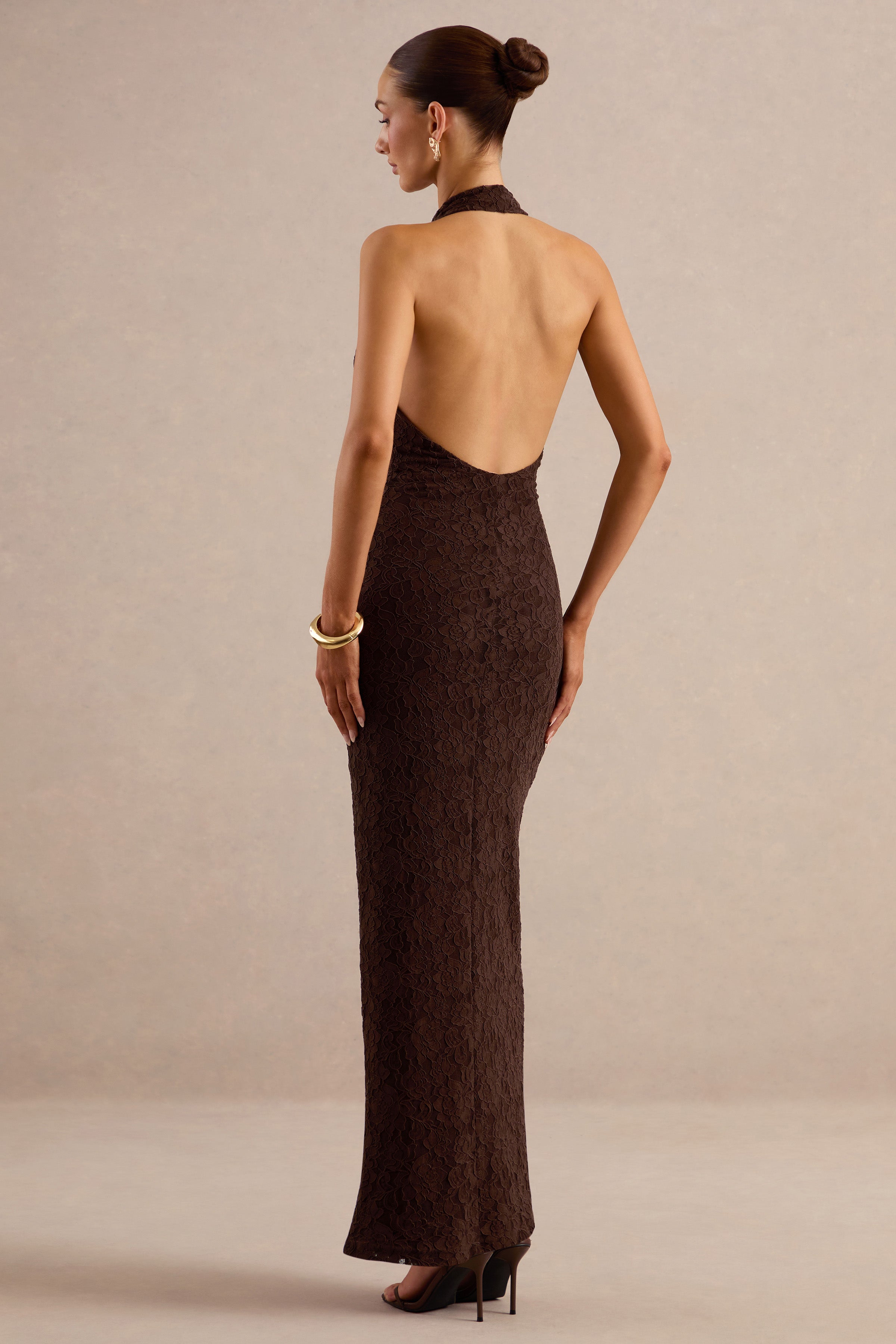 Ocealla | Brown Lace Plunge-Neck Maxi Dress With Gathered-Detailing