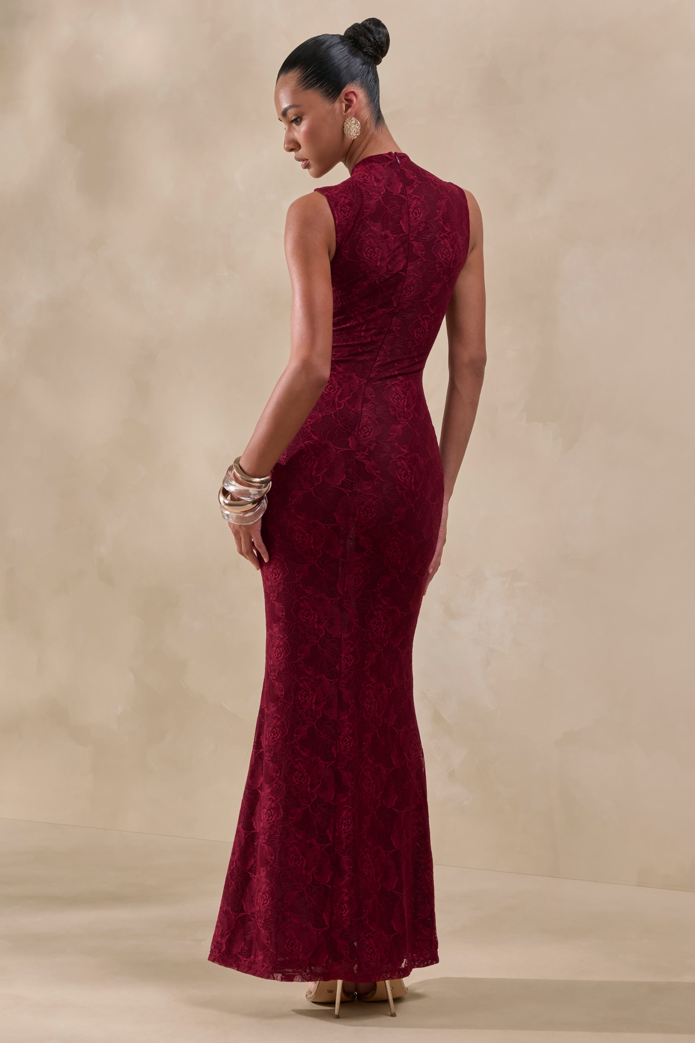 Ravissa | Burgundy Sheer Lace High-Neck Maxi Dress