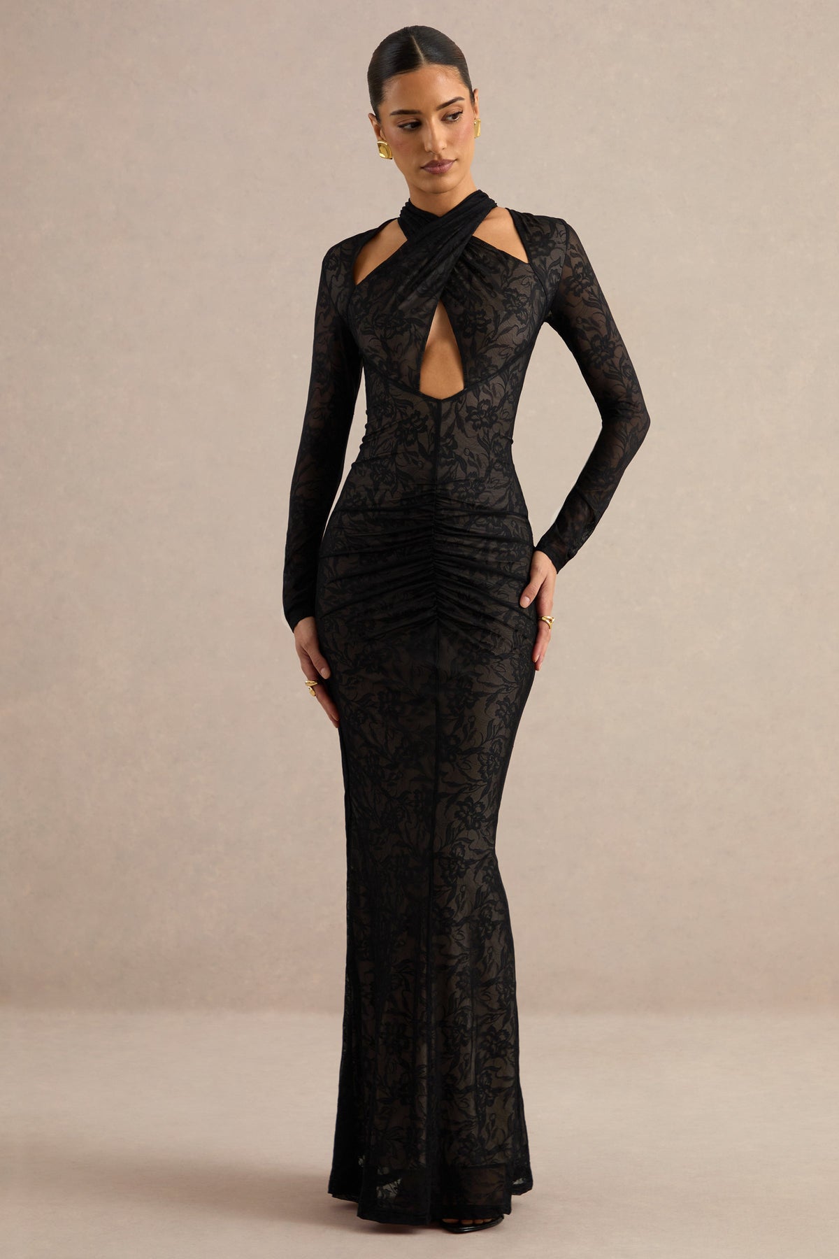 Perriane | Black Lace Halter-Neck Maxi Dress With Cut-Out Details