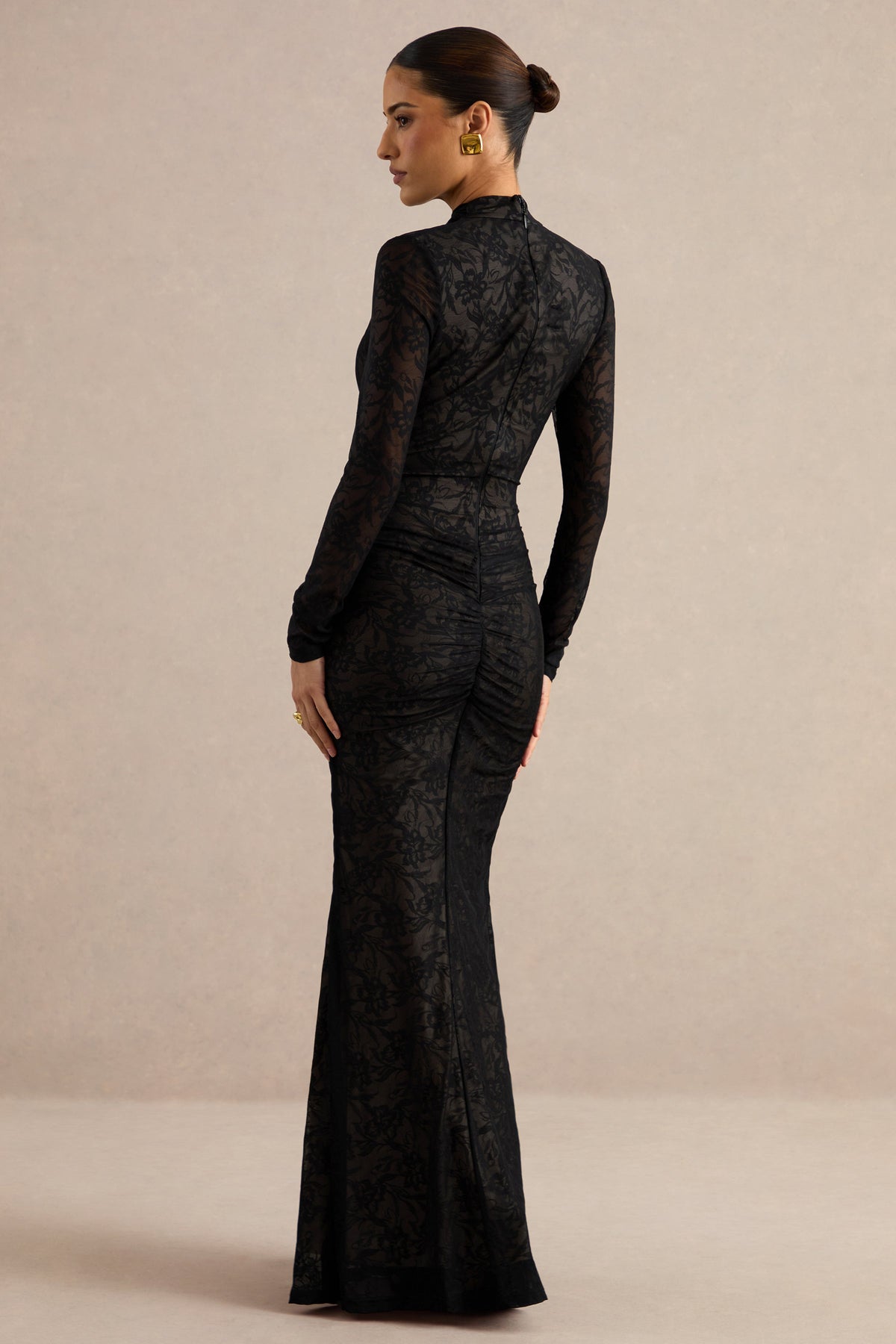 Perriane | Black Lace Halter-Neck Maxi Dress With Cut-Out Details