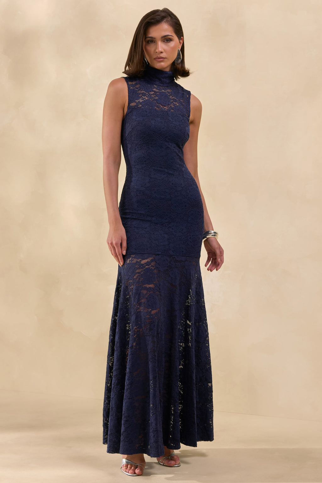 Esalyn | Navy Lace High-Neck Maxi Dress With Sheer-Skirt