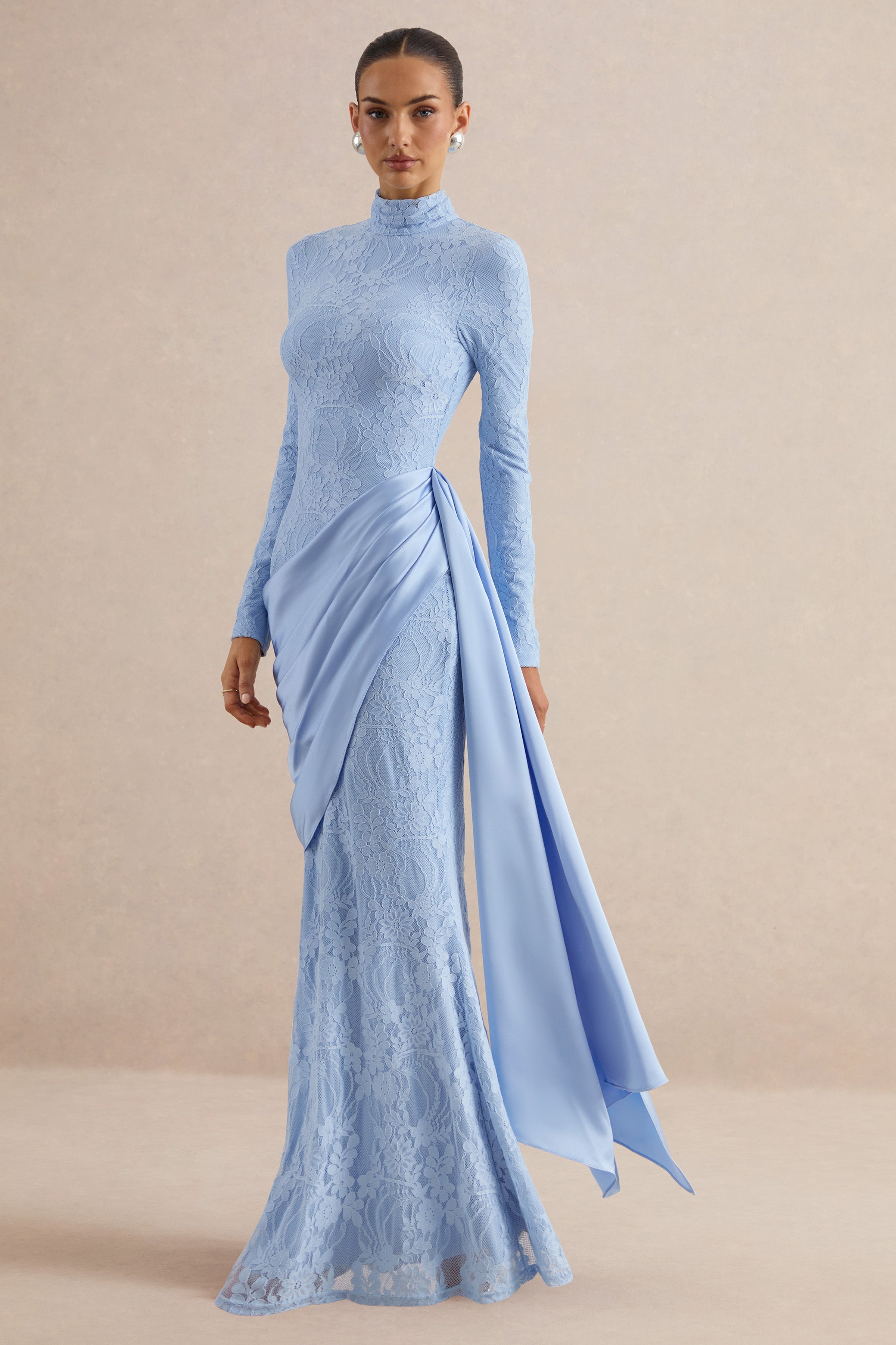 Enestra | Powder Blue High-Neck Lace Maxi-Dress With Draped-Skirt
