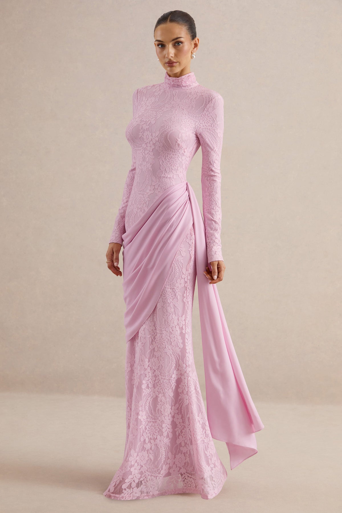 Enestra | Pink High-Neck Lace Maxi-Dress With Draped-Skirt