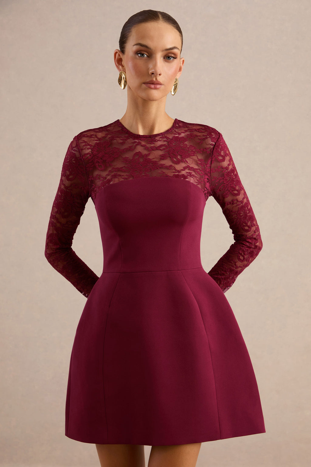 Aerin | Burgundy High-Neck Mini Dress With Lace Sleeves