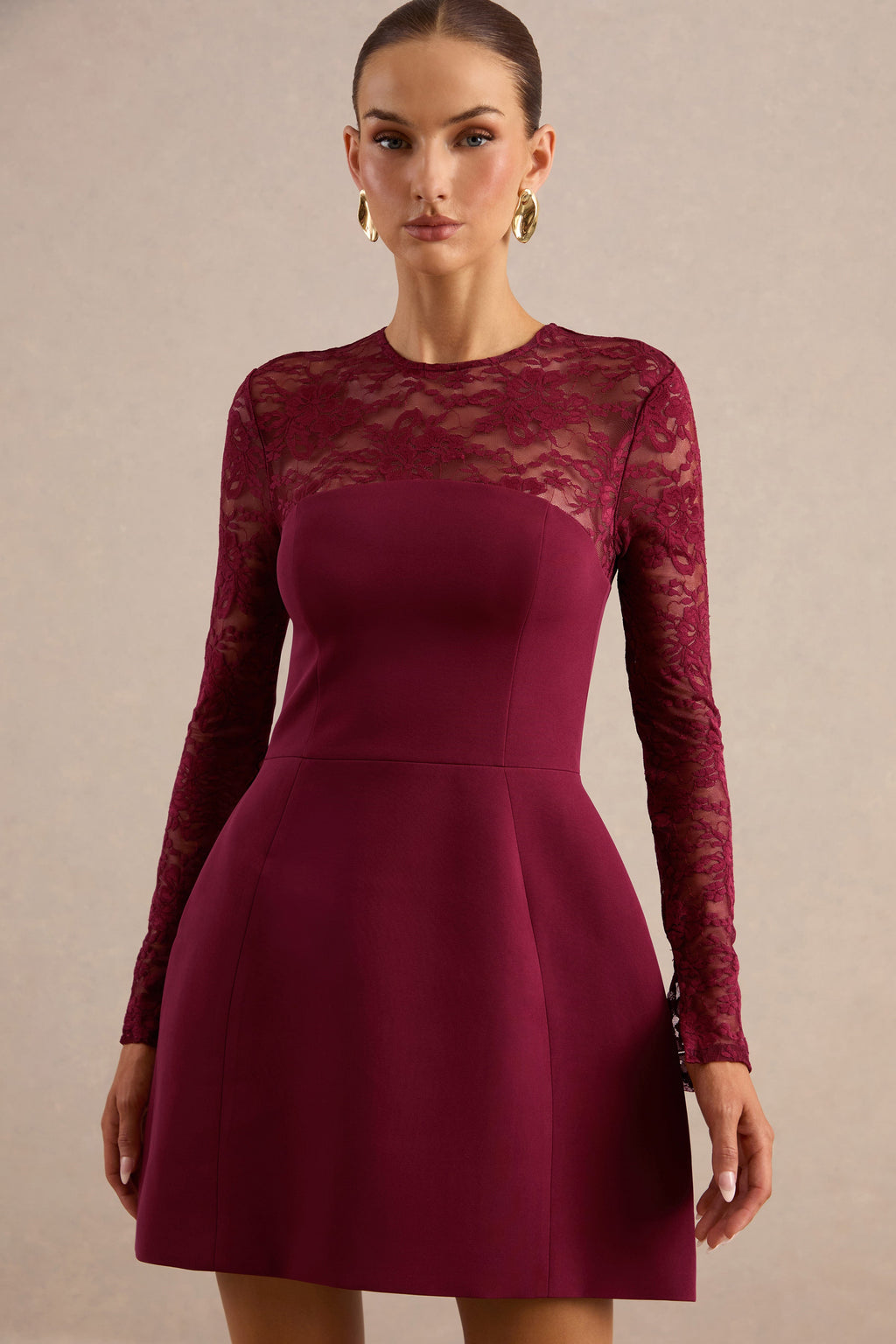 Aerin | Burgundy High-Neck Mini Dress With Lace Sleeves