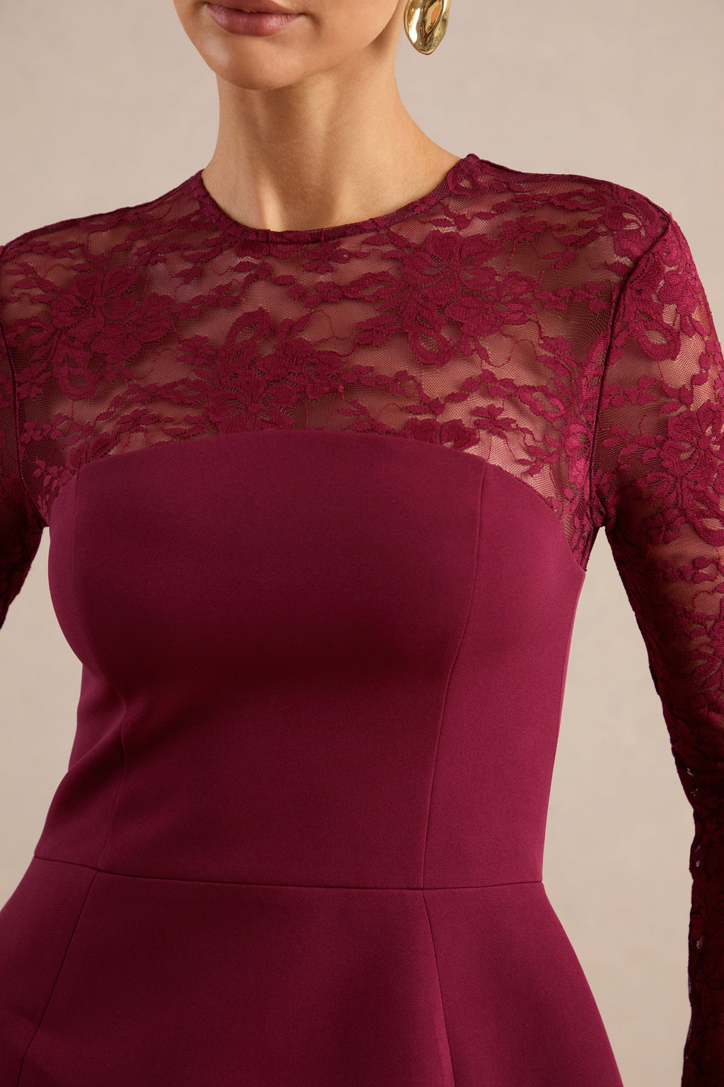 Aerin | Burgundy High-Neck Mini Dress With Lace Sleeves