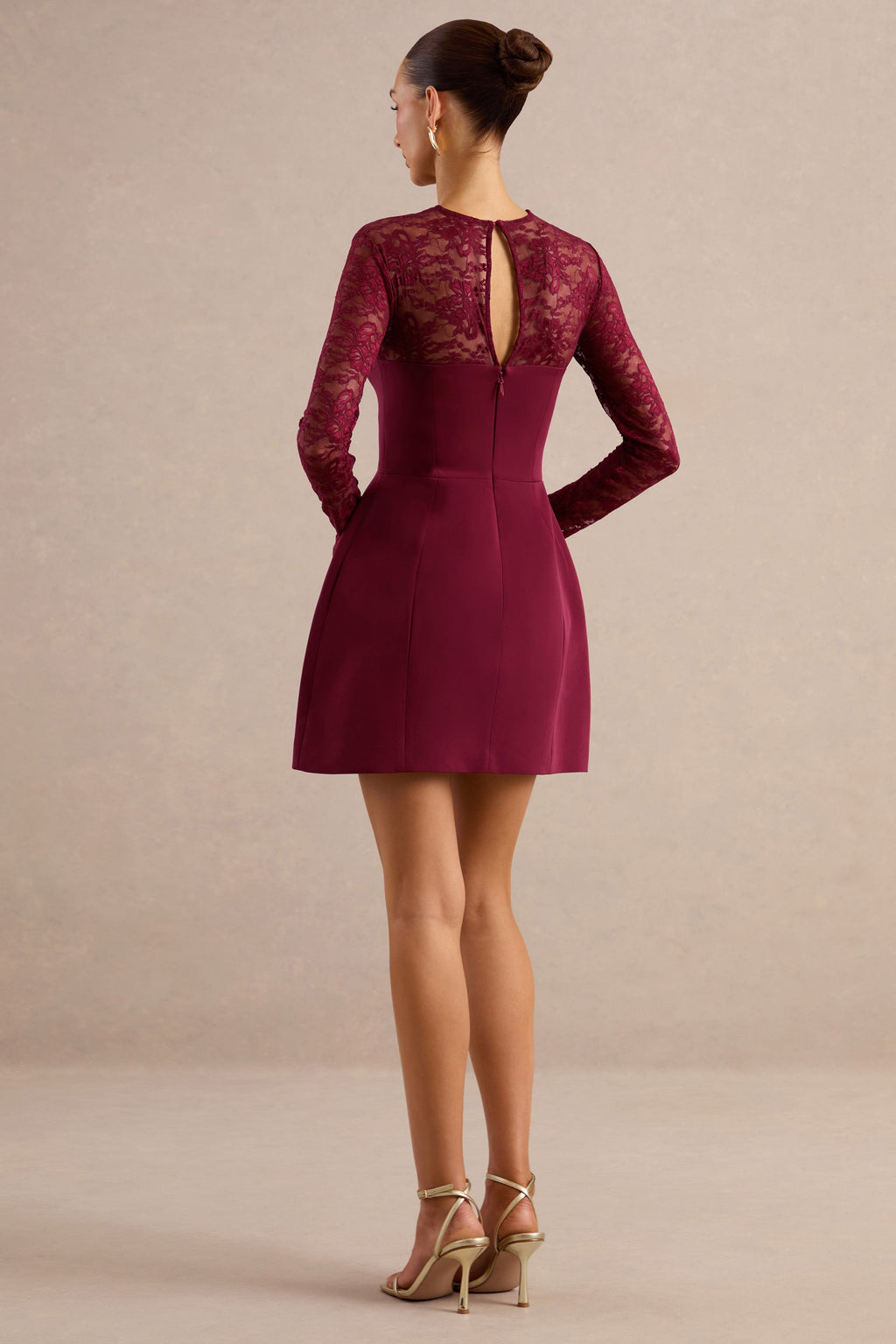 Aerin | Burgundy High-Neck Mini Dress With Lace Sleeves