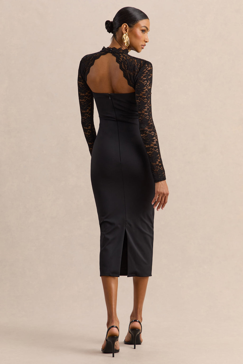 Arlune | Black High-Neck Midi Dress With Long Lace-Sleeves