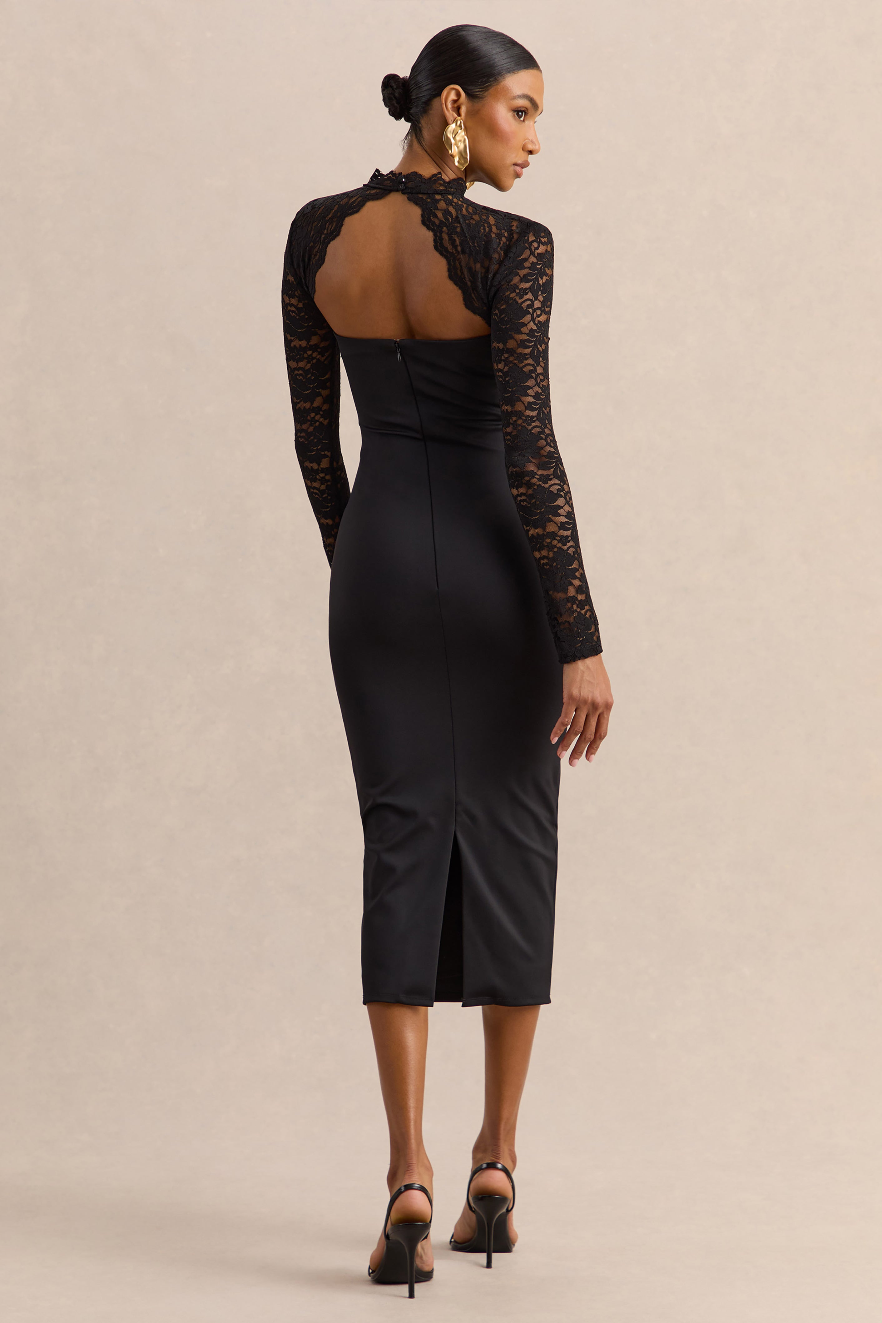 Arlune | Black High-Neck Midi Dress With Long Lace-Sleeves