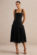 Norrie | Black Square-Neck Midi Dress With Voluminous Lace Skirt