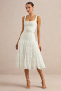 Norrie | White Lace Square-Neck Midi Dress With Voluminous Lace Skirt