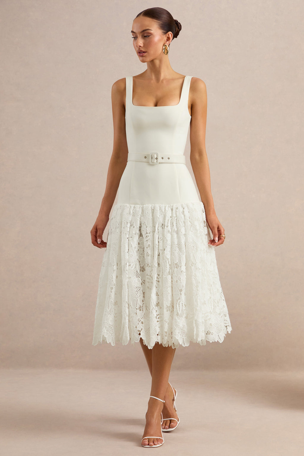 Norrie | White Lace Square-Neck Midi Dress With Voluminous Lace Skirt