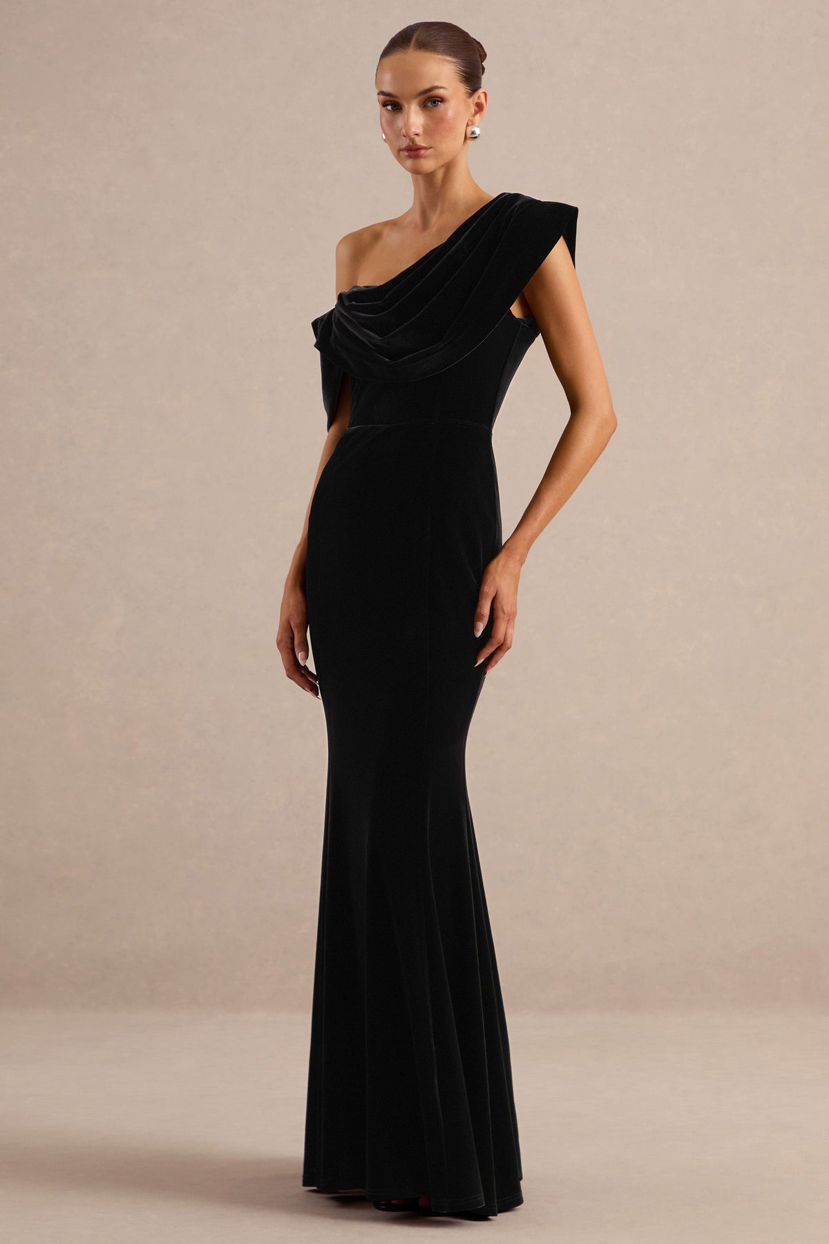 Delara | Black Velvet Asymmetric-Neck Fishtail Maxi Dress
