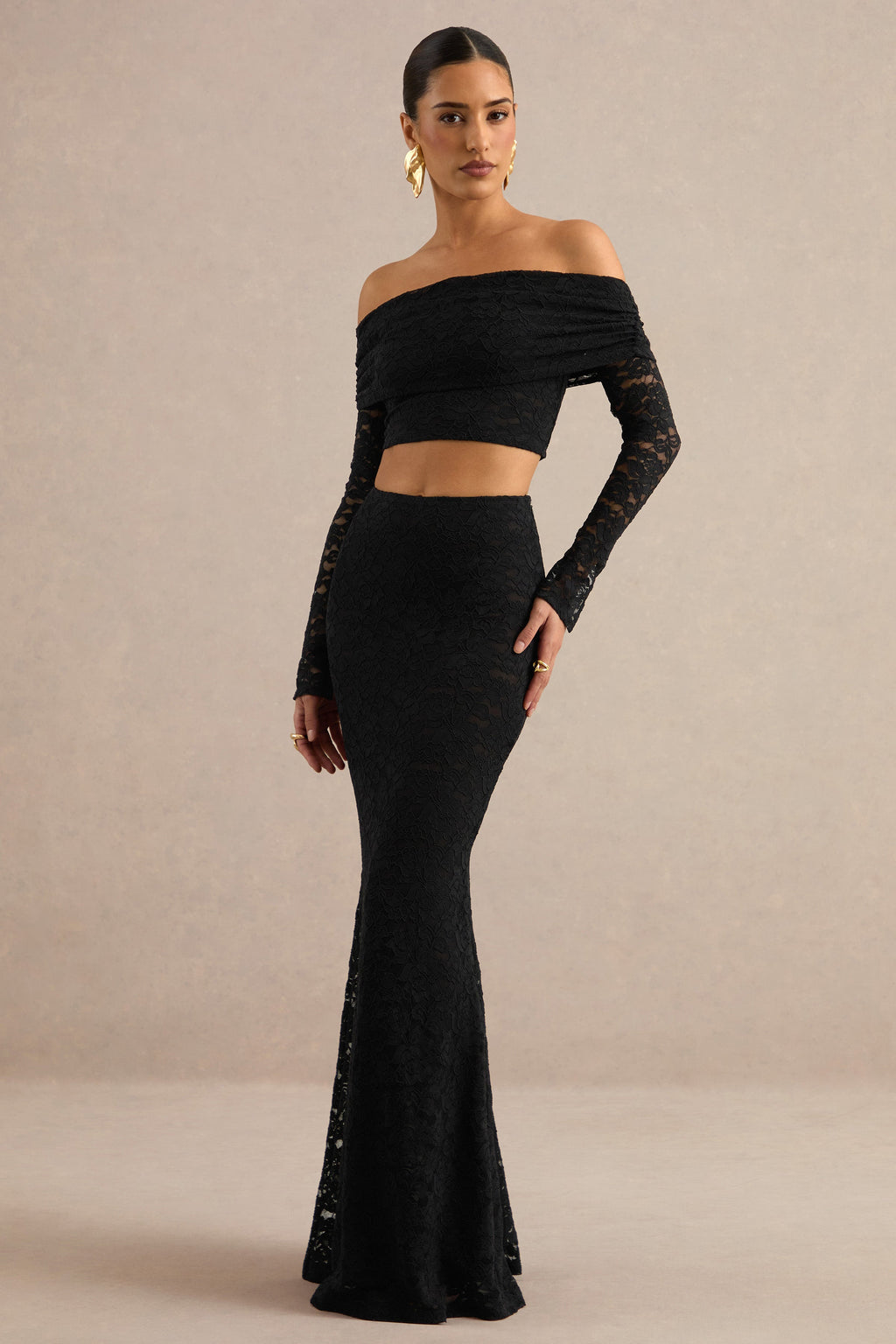 Ivana | Black Lace Bardot-Neck Crop Top