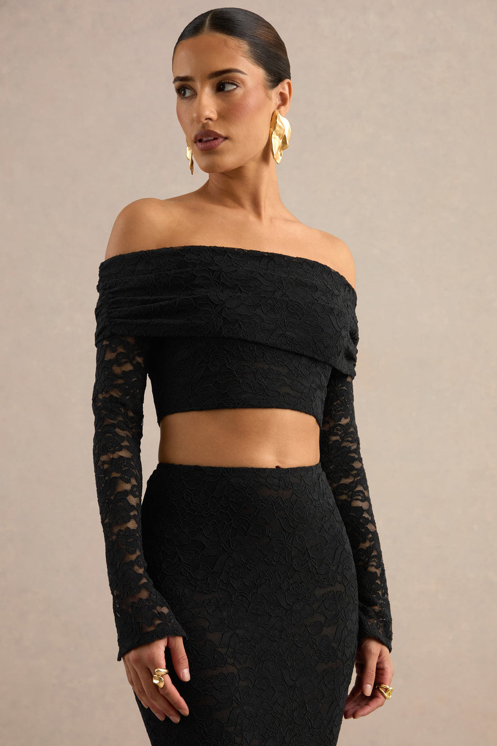 Ivana | Black Lace Bardot-Neck Crop Top