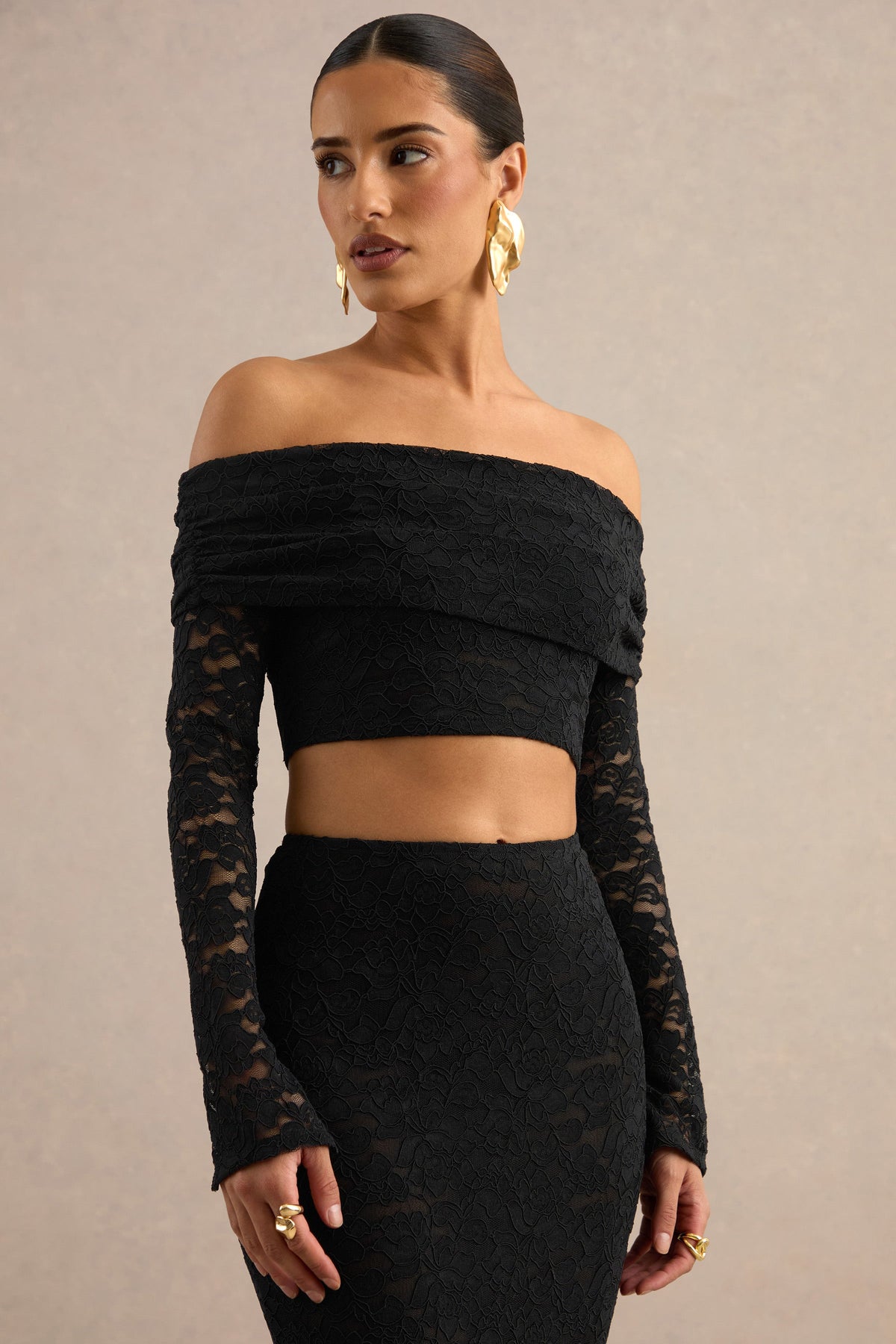 Ivana | Black Lace Bardot-Neck Crop Top
