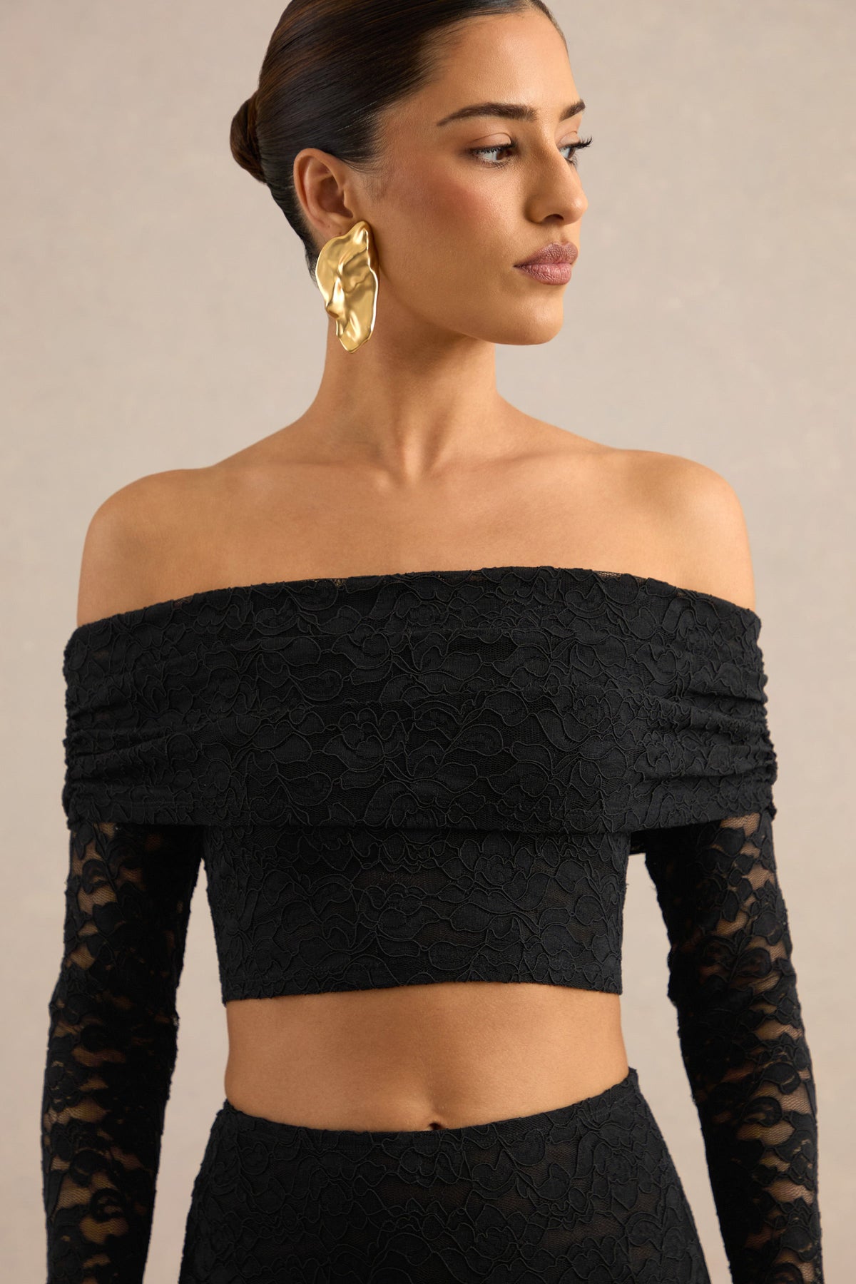 Ivana | Black Lace Bardot-Neck Crop Top
