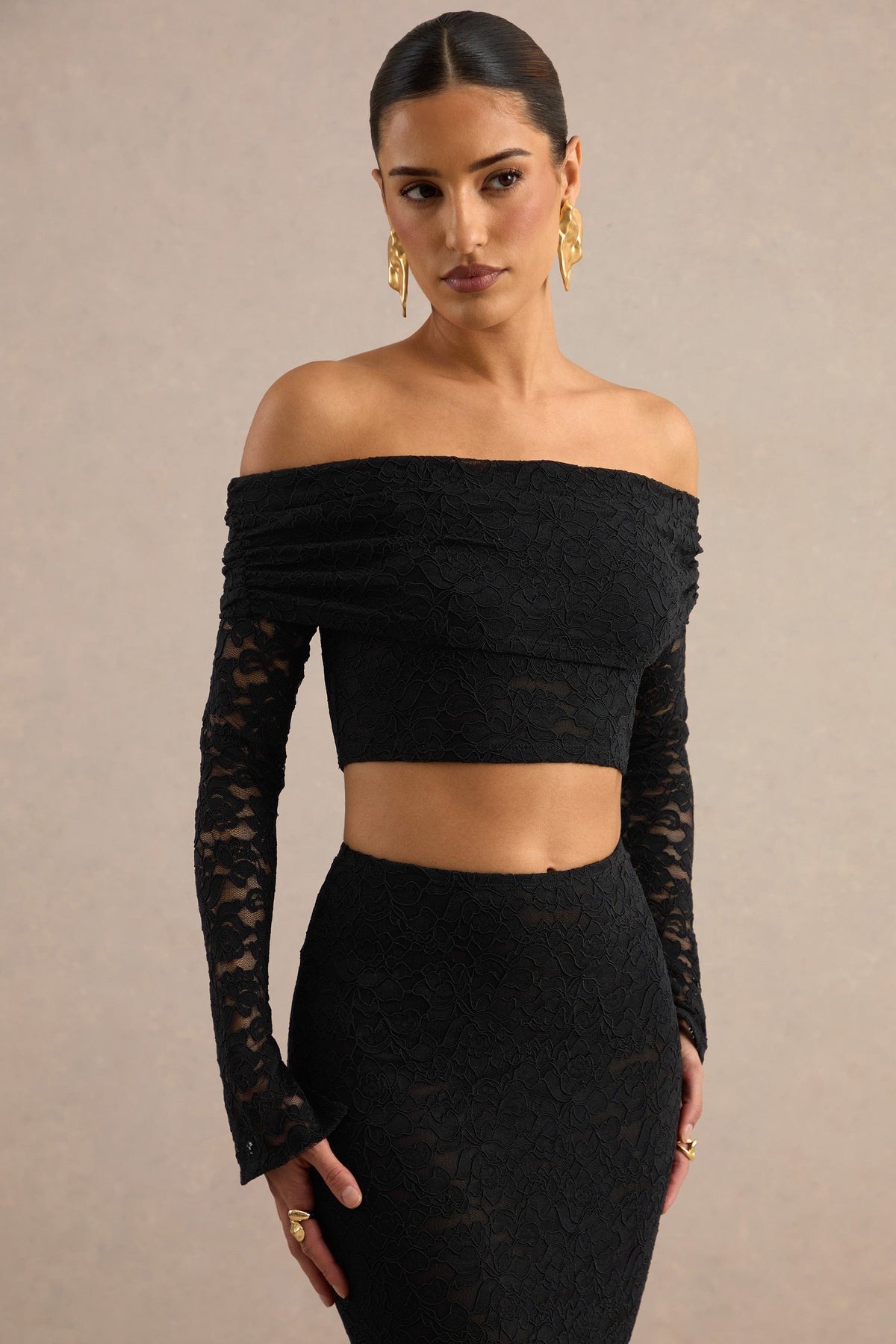 Ivana | Black Lace Bardot-Neck Crop Top