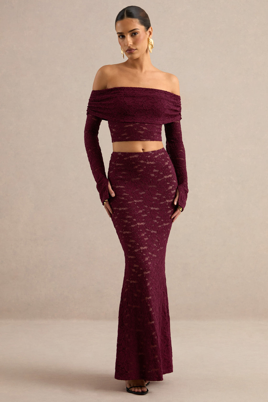 Vesalia | Burgundy Lace Maxi Skirt