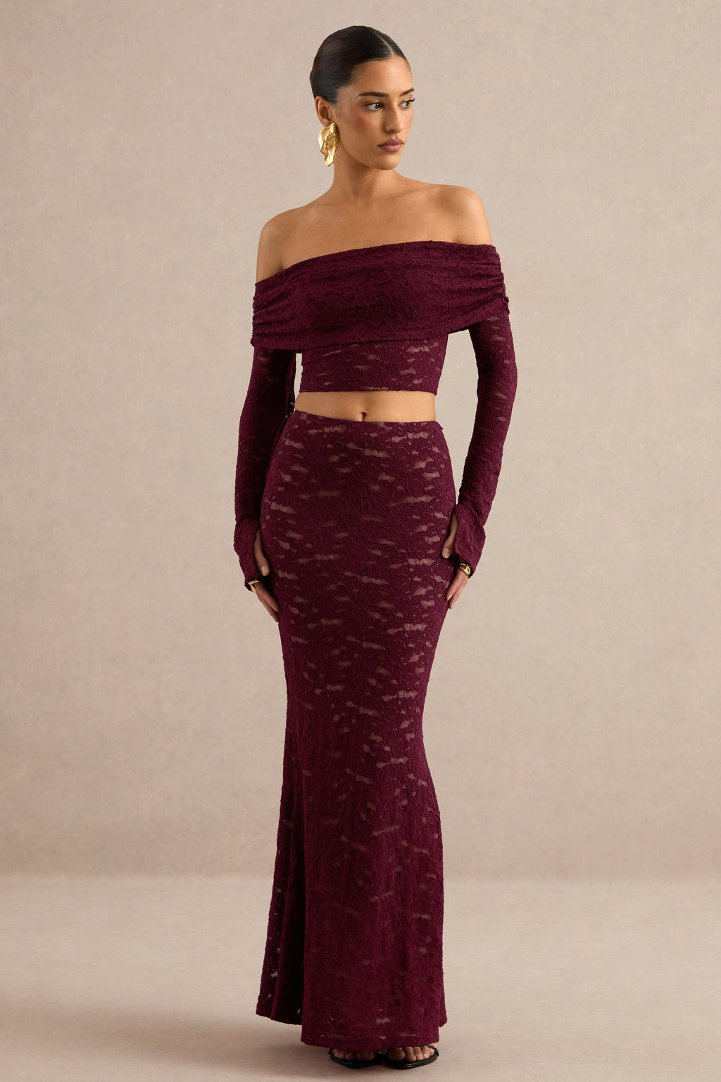 Vesalia | Burgundy Lace Maxi Skirt