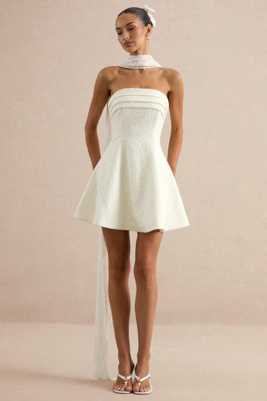 Elvara | White Lace Bandeau-Neck Mini Dress With Scarf Detail