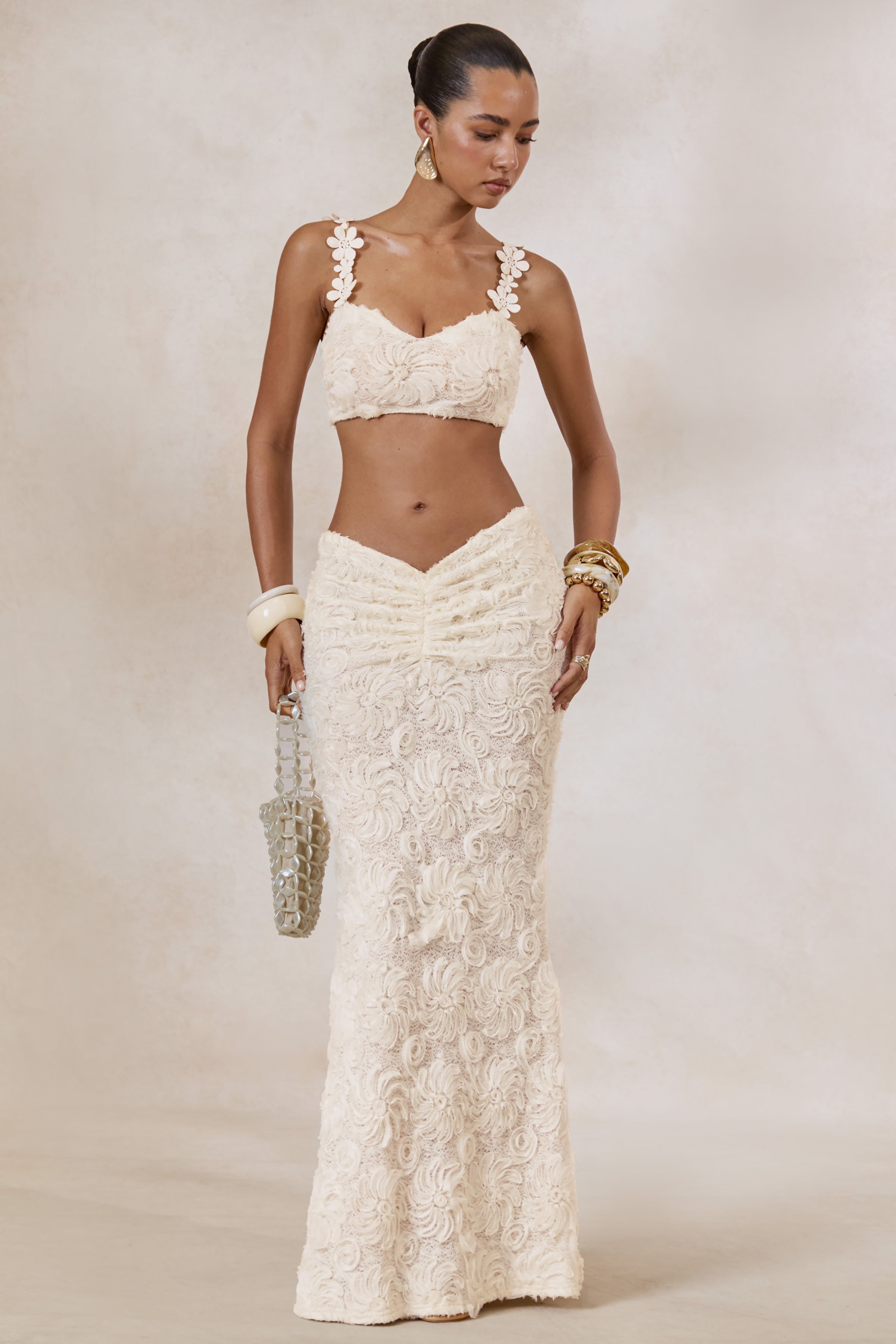 Arlina | White Lace Maxi Skirt With Gathered Detailing