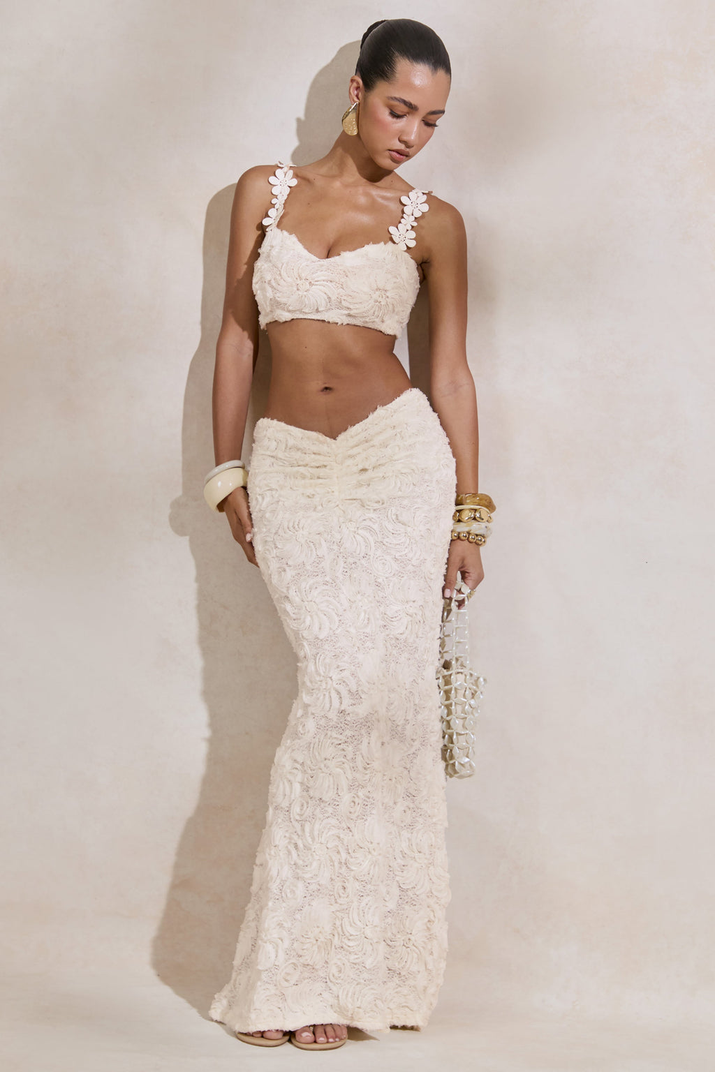 Arlina | White Lace Maxi Skirt With Gathered Detailing