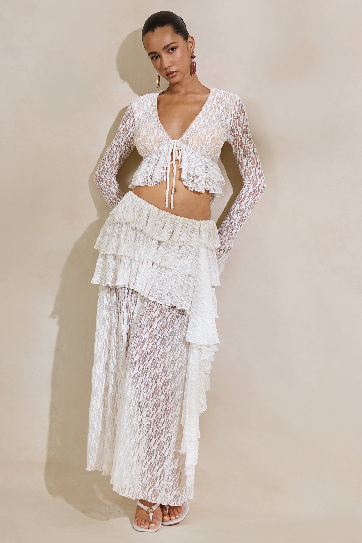 Astella | White Lace Plunge-Neck Top With Ruffled Trim