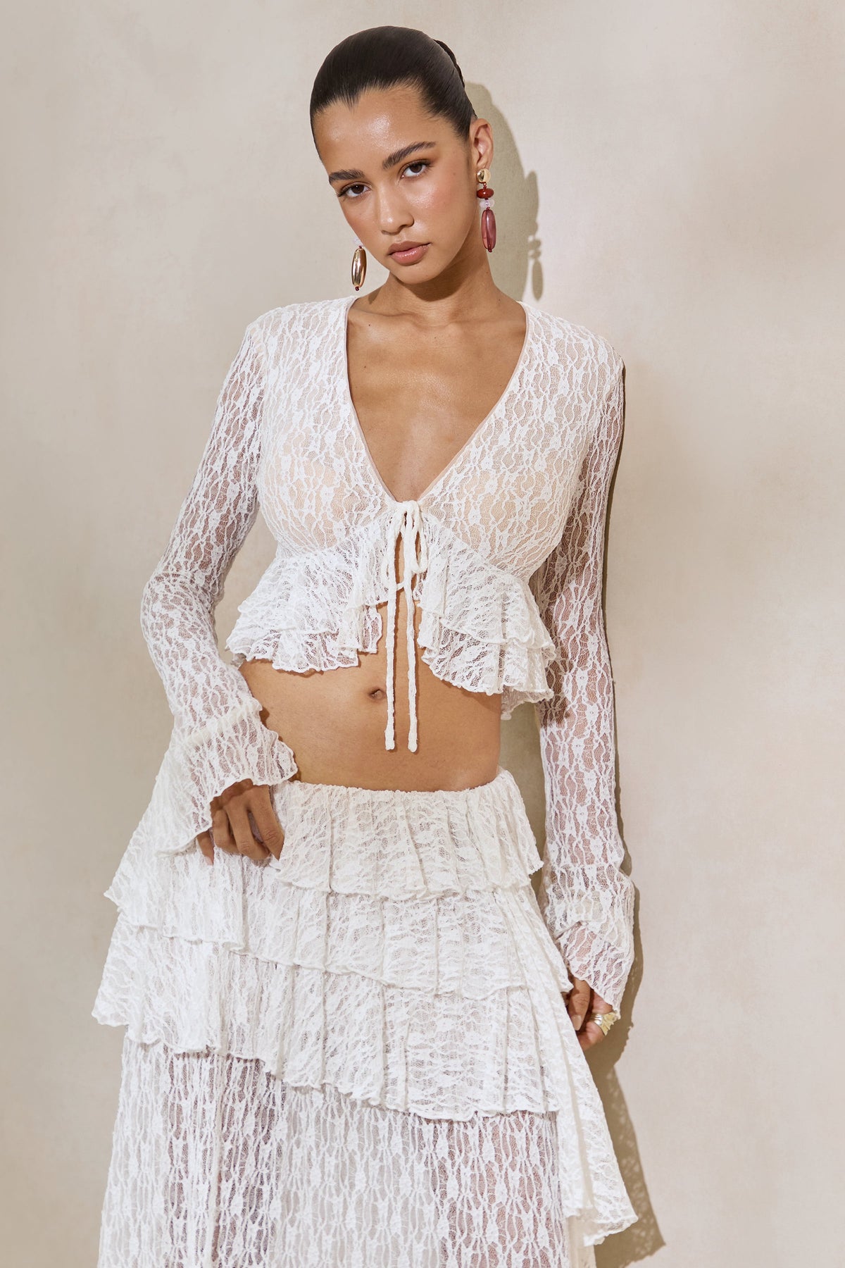 Astella | White Lace Plunge-Neck Top With Ruffled Trim