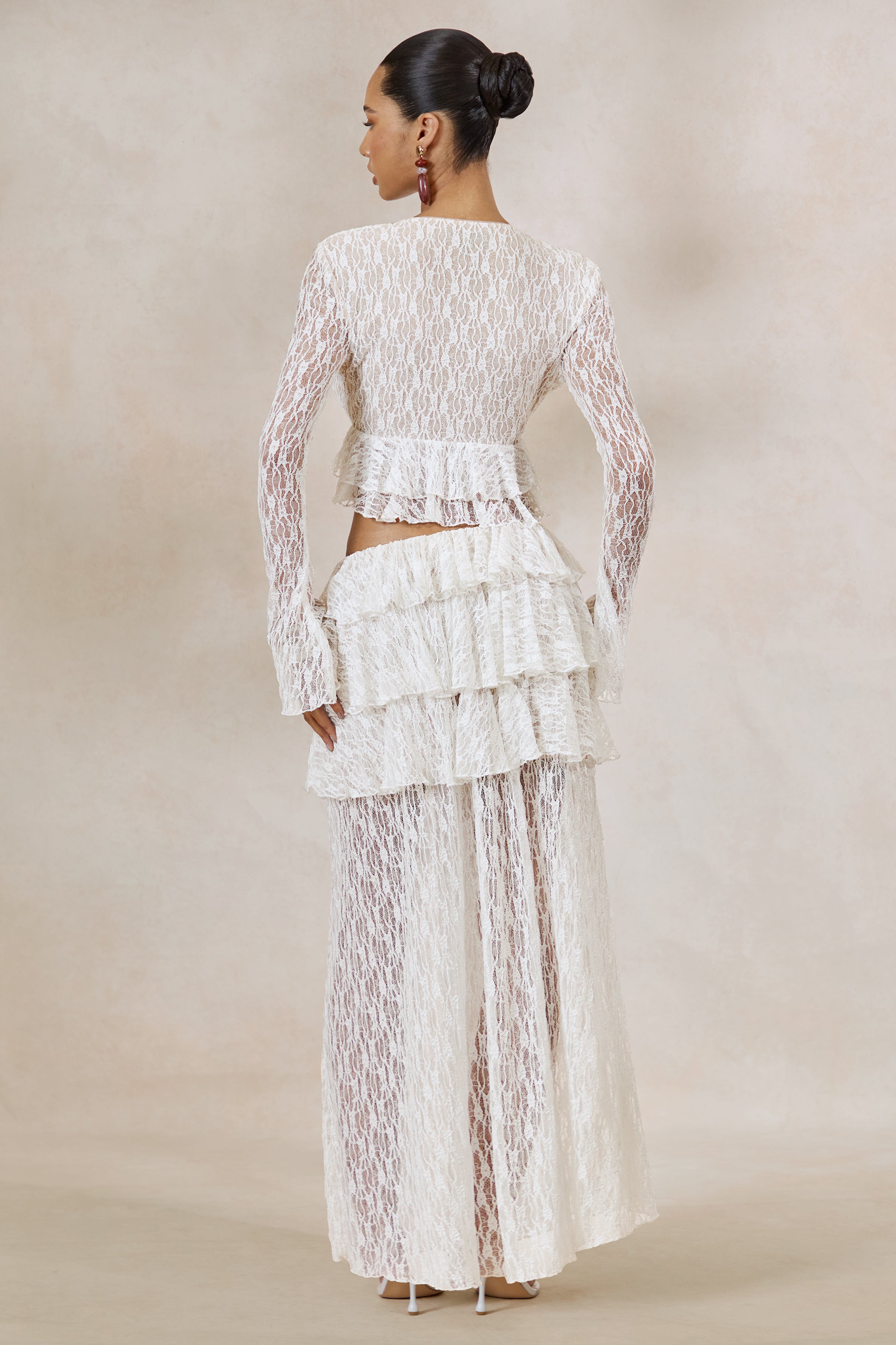 Astella | White Lace Plunge-Neck Top With Ruffled Trim
