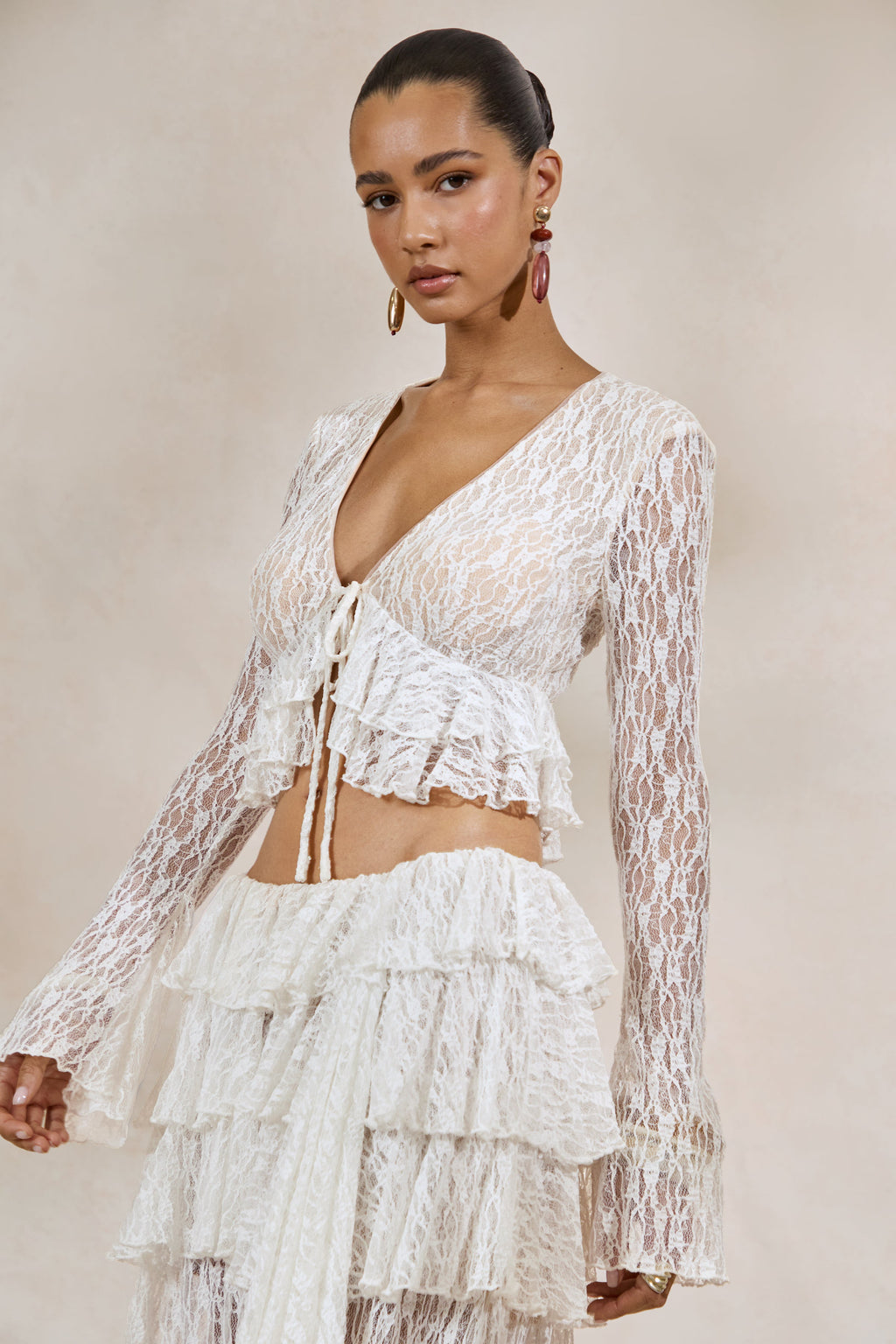 Astella | White Lace Plunge-Neck Top With Ruffled Trim